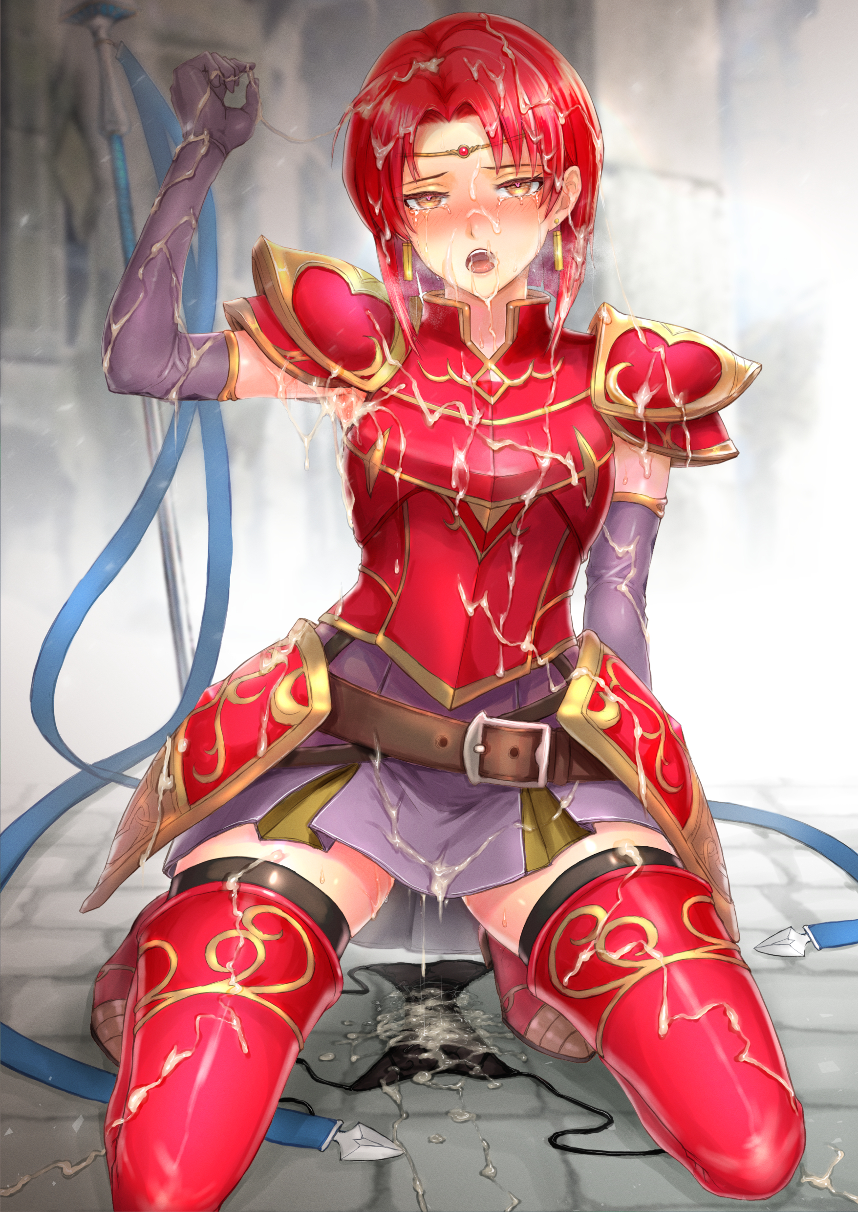 1girls, after rape, after vaginal, arm up, armor, armpit fetish, armpits, bare thighs, black panties, blush, boots, breasts, broken rape victim, bukkake, censored, clothes lift, creampie, crying, crying with eyes open, cum, cum everywhere, cum in mouth, cum in pussy, cum inside, cum on arm, cum on armpit, cum on body, cum on breasts, cum on face, cum on hair, cum on hand, cum on leg, cum on lower body, cum on panties, cum on tongue, cum on upper body, earrings, elbow gloves, empty eyes, excessive cum, female, female only, fire emblem, fire emblem: the binding blade, gloves, heart-shaped pupils, heavy blush, heavy breathing, kneeling, lifted by self, looking at viewer, medium hair, melady (fire emblem), nintendo, no panties, open mouth, orange eyes, panties, panties removed, pussy, pussy juice, pussy juice drip, pussy juice puddle, pussy juice stain, rape, red hair, sasagawa (haikaiki), shoulder pads, side-tie panties, skirt, skirt lift, solo, spear, sweat, thigh boots, thighhighs, thighs, underwear, upskirt, weapon, wet panties, wet pussy