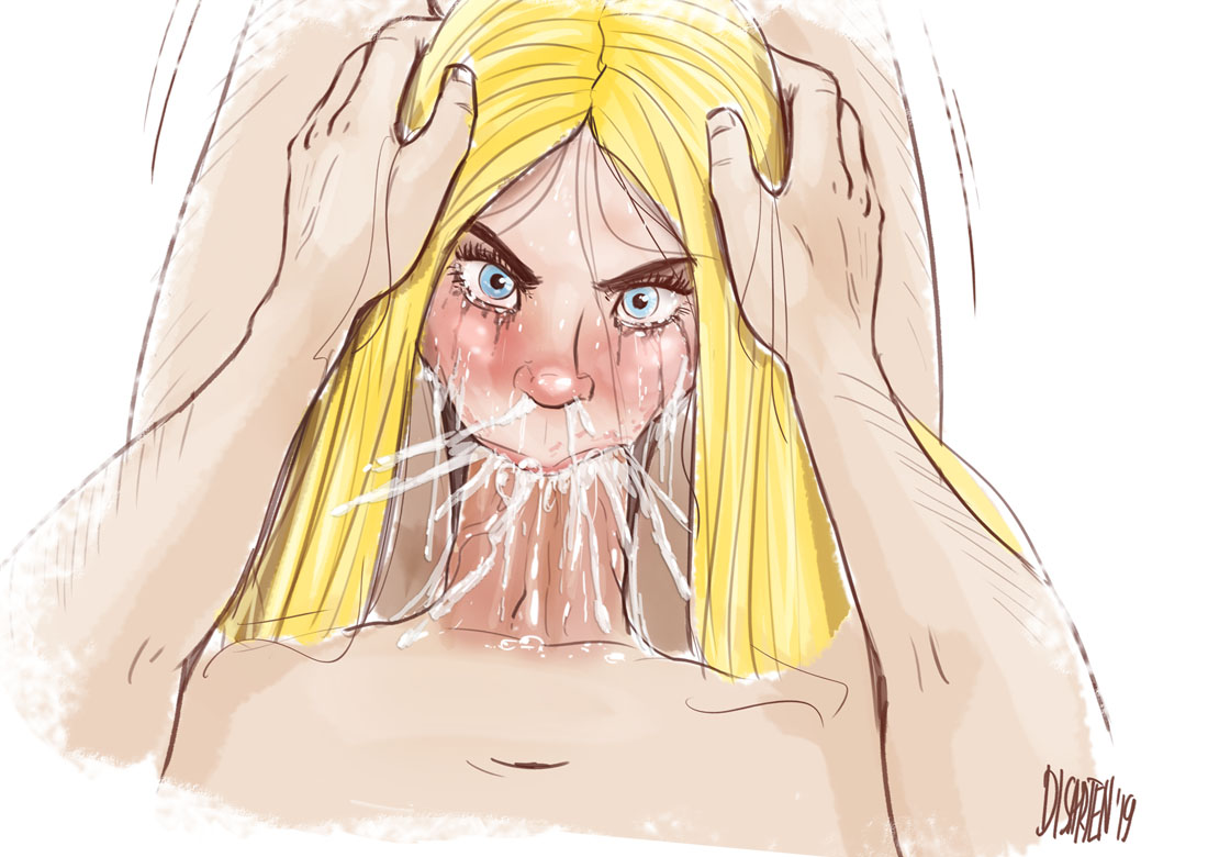 1boy, 1girls, 2019, angry, artist name, artist signature, big penis, blonde hair, blowjob, blue eyes, blush, color, crying, cum, cum explosion, cum from mouth, cum from nose, cum in mouth, cum in throat, cum inside, cum out nose, deep blowjob, deepthroat, digital media (artwork), disarten, eye contact, fellatio, female, gag, gagging, hands-free, head grab, headlock, large penis, light skin, light-skinned female, long hair, looking at partner, male, male/female, mascara, mascara tears, nude, open eyes, oral, oral sex, orgasm, original, original character, penis, petite, pov, questionable consent, runny makeup, sex, straight, tears, teenager, uncensored, unseen male face