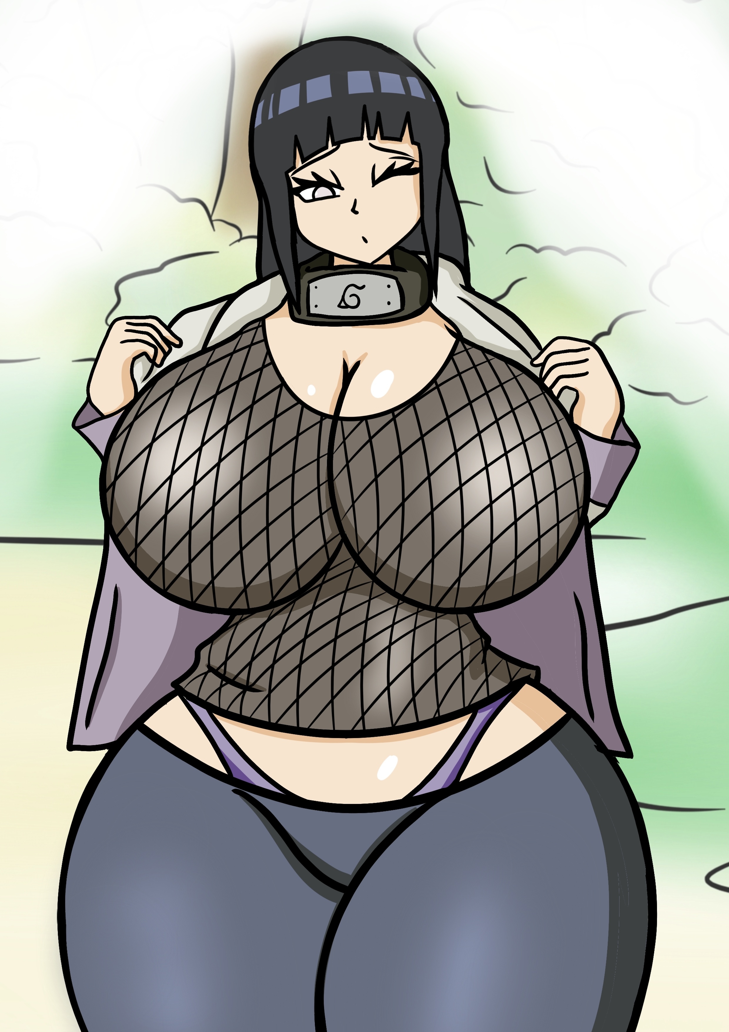 1girls, big breasts, breasts, byakugan, cleavage, curvy, dibuctor, female, female focus, female only, fishnet shirt, forehead protector, g-string, g-string only, huge breasts, hyuuga hinata, konohagakure symbol, kunoichi, large breasts, naruto, naruto (series), naruto shippuden, ninja, outdoors, outside, purple g-string, solo, voluptuous