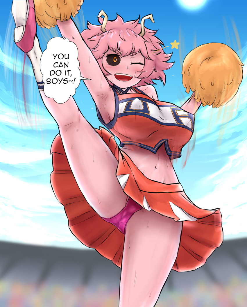 bouncing_breasts breasts cheerleader english_text erect_nipples high_kick highres iegami kicking large_breasts leg_up mina_ashido my_hero_academia open_mouth panties pink_hair pink_panties pink_skin pom_pom_(cheerleading) speech_bubble sweat third-party_edit underwear upskirt wink