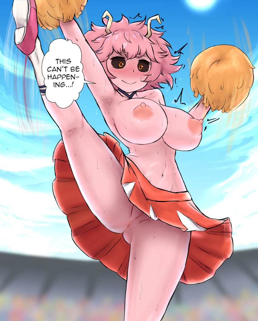 anus armpits blush bouncing_breasts breasts cheerleader cleft_of_venus english_text female high_kick highres huge_breasts iegami kicking large_breasts leg_up mina_ashido motion_lines my_hero_academia navel nervous_smile nipples no_panties pink_hair pink_skin pom_pom_(cheerleading) pussy speech_bubble spread_legs sweat third-party_edit topless trembling upskirt