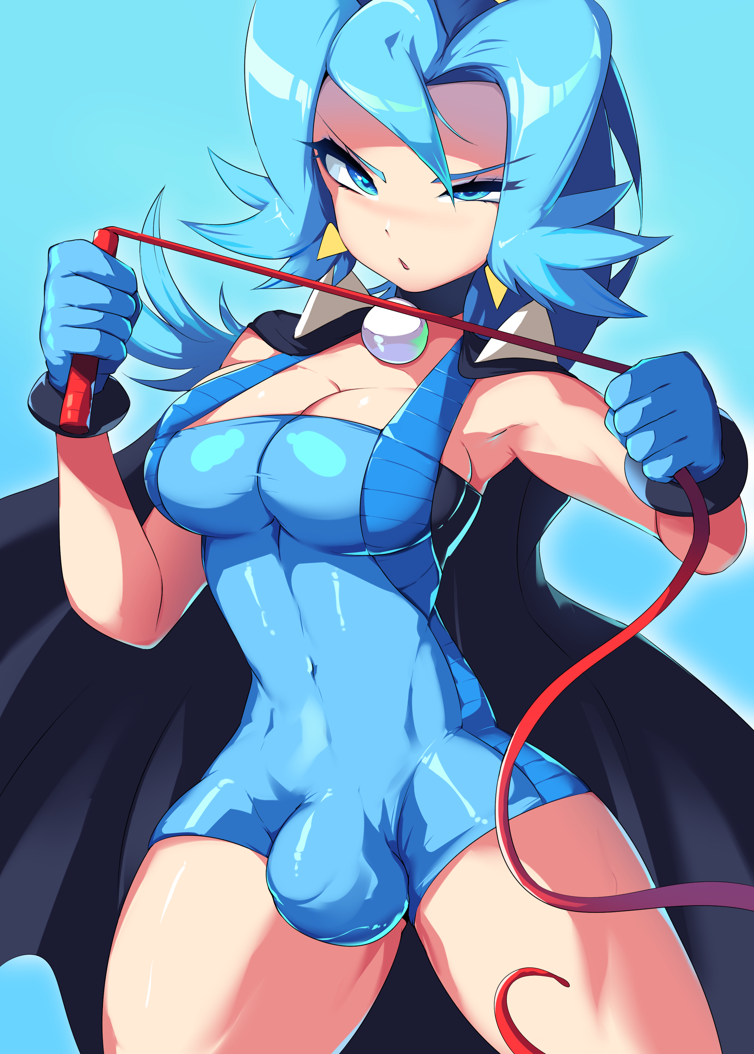 1futa, balls, big balls, big breasts, blue hair, breasts, bulge, chobonolly, clair (pokemon), clothed, clothing, dress, flaccid, fully clothed, futa only, futanari, human, intersex, light skin, light-skinned futa, penis, pokemon, solo, standing, whip