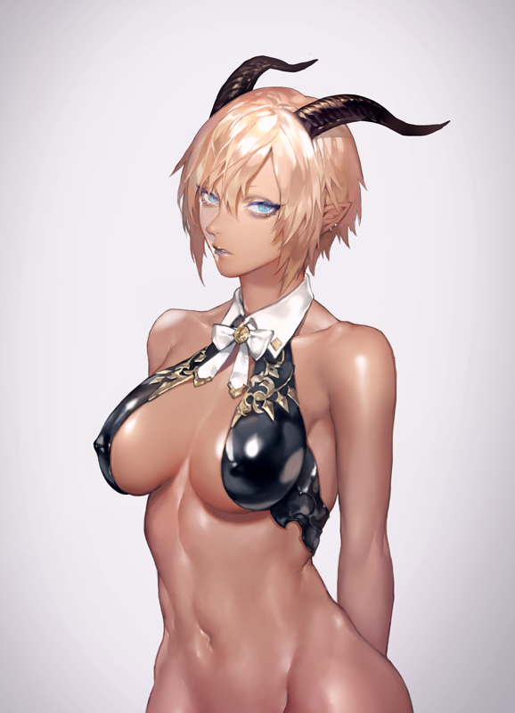 bare_arms bare_ass bare_midriff bare_shoulders belly_button blonde_hair blue_eyes bottomless collar collar_only earrings exposed_breasts functionally_nude functionally_nude_female horns inner_sideboob lipstick navel navel_line nipple_bulge nipples ogyazombie original pointed_ears pointy_ears ribbon short_hair tagme topwear white_background