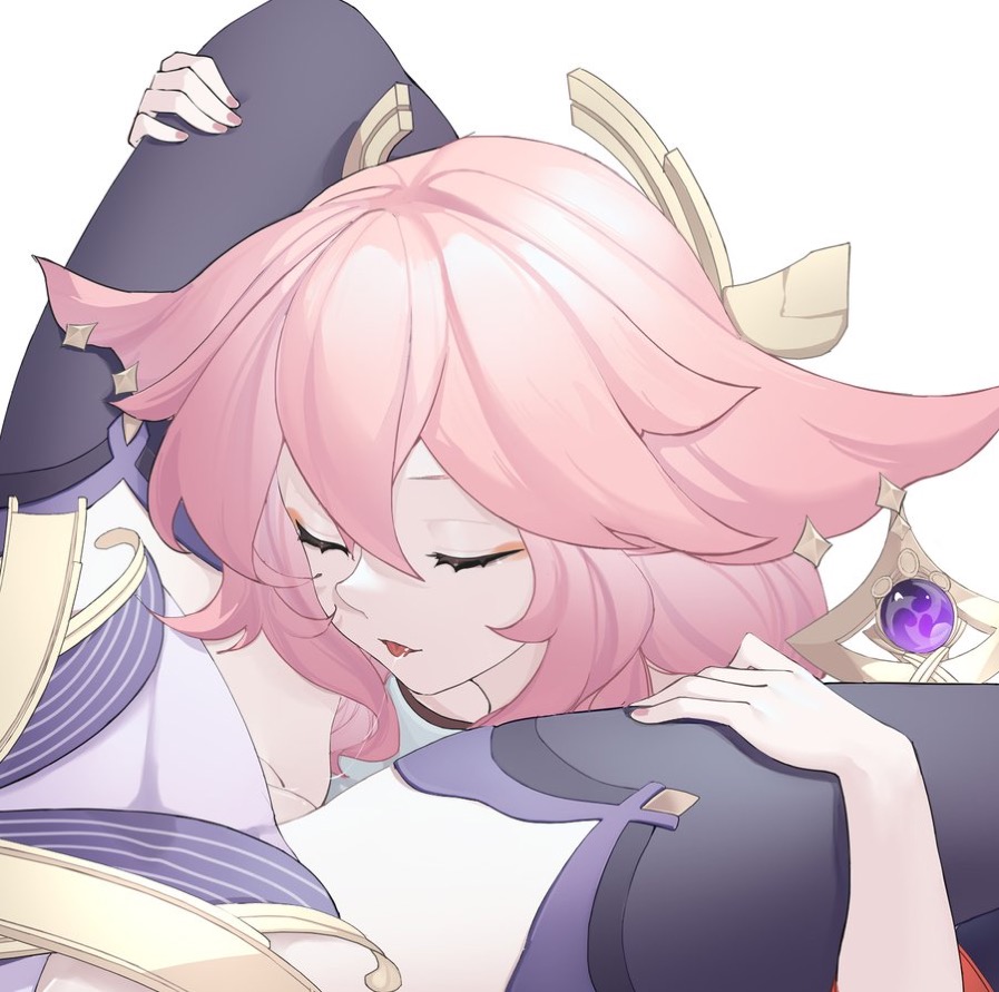 2girls, closed eyes, cunnilingus, female, female only, female pov, fox ears, genshin impact, hairless pussy, kaikuluo, lesbian sex, multiple females, multiple girls, oral, oral sex, pink hair, pussy, raiden shogun, saliva string, saliva trail, stockings, vision (genshin impact), yae miko, yuri
