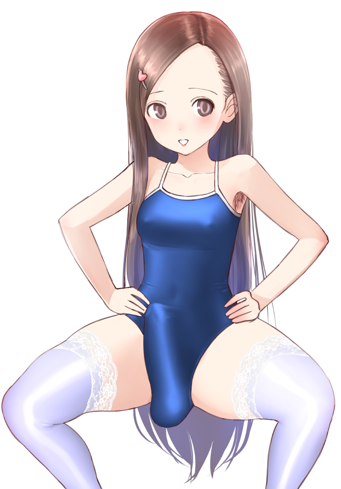 1futa, armpit hair, balls, big penis, breasts, brown hair, clothed, clothing, erection, fully clothed, futa only, futanari, human, intersex, light skin, light-skinned futa, liza (artist), long hair, penis, solo, spread legs, squatting, thighhighs