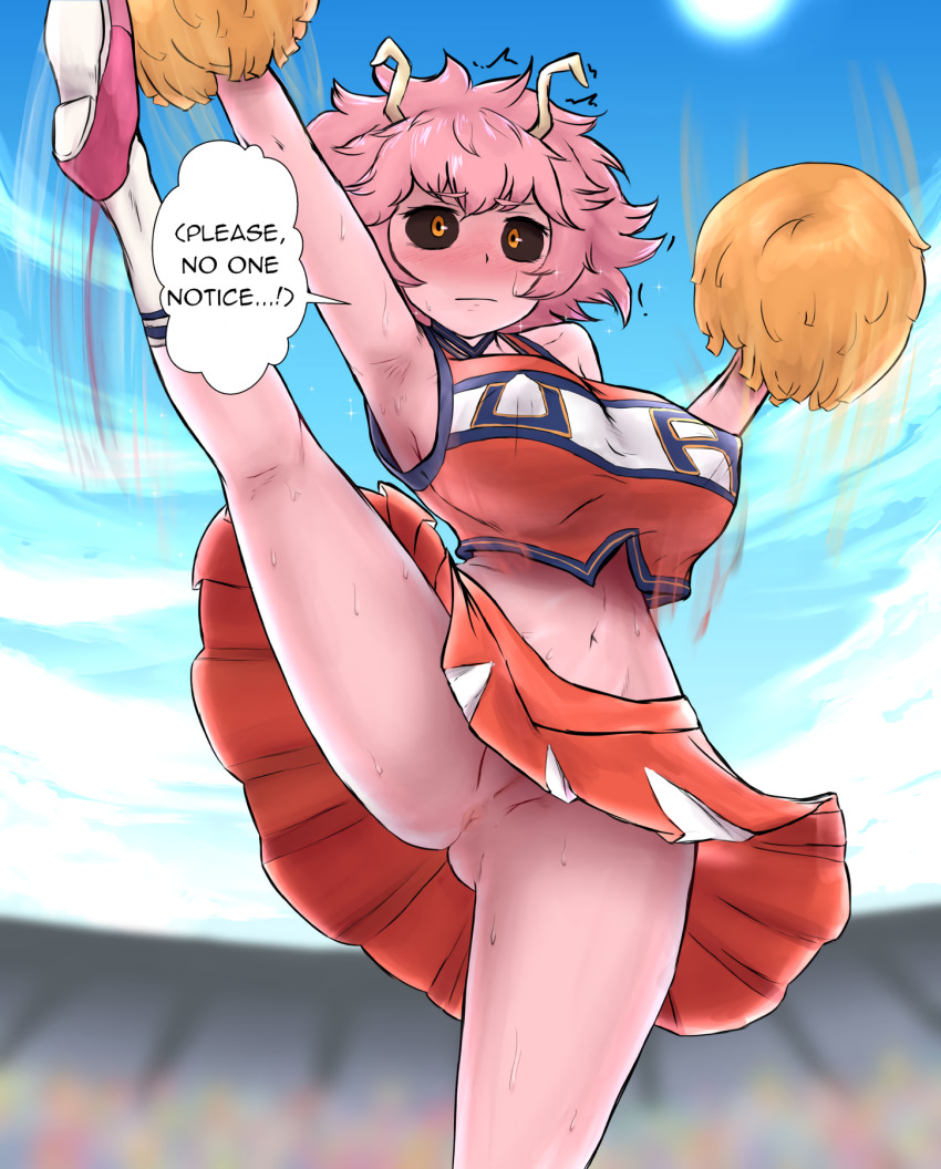 anus blush bouncing_breasts breasts cheerleader cleft_of_venus closed_mouth embarrassed english_text female high_kick highres iegami kicking large_breasts leg_up mina_ashido motion_lines my_hero_academia navel no_bra no_panties pink_hair pink_skin pom_pom_(cheerleading) pussy speech_bubble spread_legs sweat third-party_edit trembling upskirt