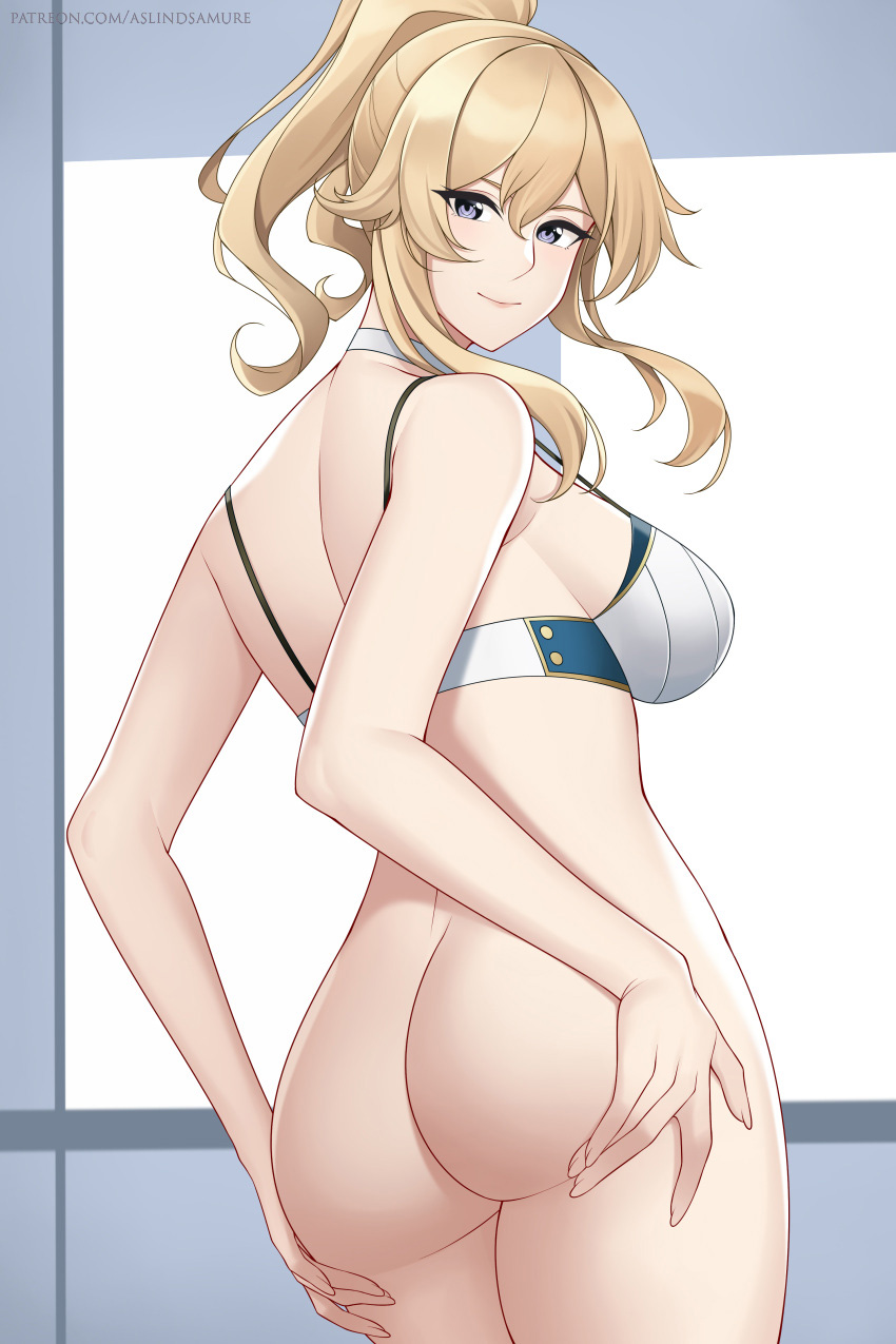 alluring, arms behind back, artist signature, aslindsamure, ass, back view, bare legs, big breasts, blonde female, blonde hair, bra strap, breasts, female, female focus, female only, genshin impact, gold trim, hand on ass, hands on ass, happy female, high res, jean gunnhildr, light skin, light-skinned female, lingerie, looking at viewer, looking back, naked from the waist down, ponytail, presenting ass, purple eyes, sideboob, solo female, solo focus, standing, straps, underwear, violet eyes, watermark