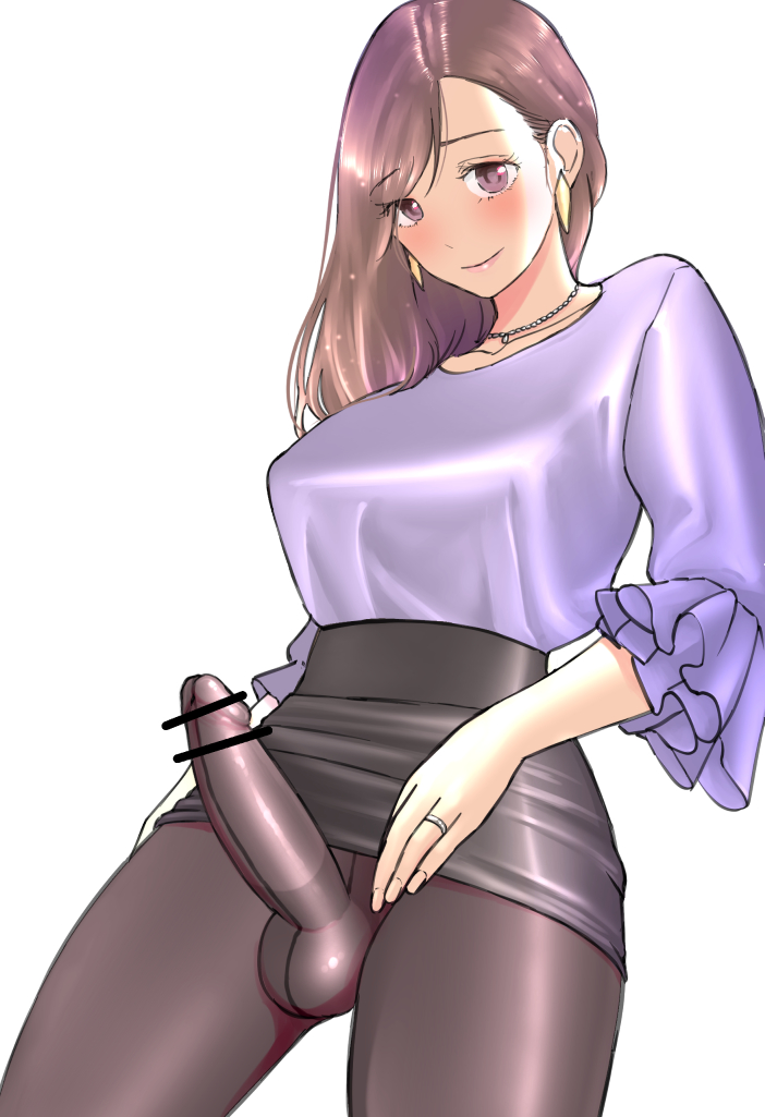 1futa balls breasts brown_hair clothed clothing erection erection_under_clothes erection_under_pantyhose fully_clothed futa_only futanari human light-skinned_futanari light_skin liza_(artist) long_hair long_sleeves pantyhose pencil_skirt penis skirt solo standing