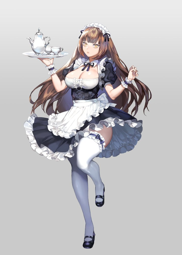 1girls armband bangs bracelet breasts brown_hair cleavage cleavage_cutout female female_focus female_only frills holding_object large_breasts long_hair looking_at_viewer maid maid_headdress maid_outfit maid_uniform ogyazombie serving_tray short_dress simple_background sole_female solo solo_female solo_focus standing standing_on_one_leg tea_cup tea_set thick_thighs thigh_highs thighhighs thighs white_legwear wide_hips yellow_eyes