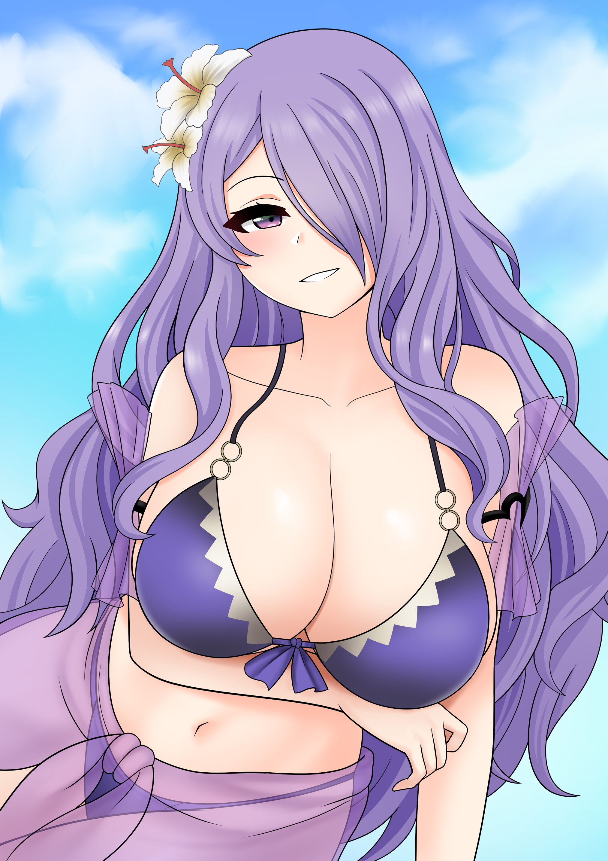 1girls, alternate costume, bare shoulders, bare thighs, bikini, camilla (fire emblem), cleavage, collarbone, female, female only, fire emblem, fire emblem fates, fire emblem heroes, flower, grin, hair flower, hair over one eye, long hair, nintendo, official alternate costume, purple bikini, purple eyes, purple hair, purple swimsuit, sarong, shoulders, smile, solo, swimsuit, the only shoe, thick thighs, thighs, very long hair