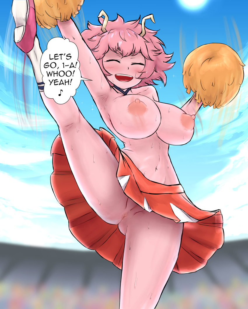 anus armpits blush bouncing_breasts breasts cheerleader cleft_of_venus closed_eyes english_text female high_kick highres iegami kicking large_breasts leg_up mina_ashido motion_lines my_hero_academia navel nipples no_panties open_mouth pink_hair pink_skin pom_pom_(cheerleading) pussy spread_legs sweat third-party_edit topless upskirt