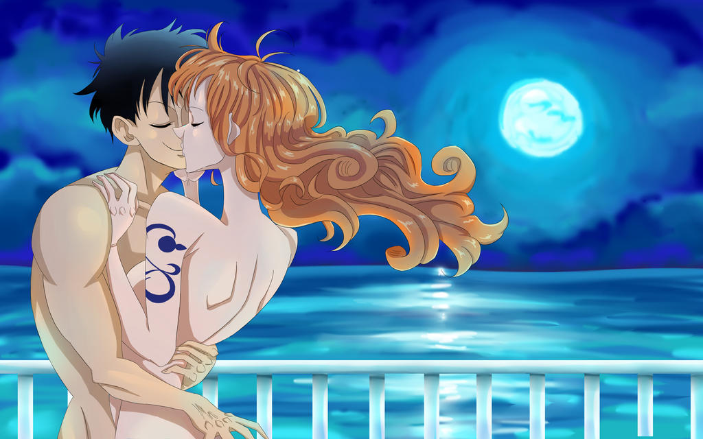 1boy, 1girls, abs, aquariuswind, arm tattoo, black hair, black-haired male, blue tattoo, closed eyes, completely nude, couple, curvy female, embrace, female, full moon, hug, kissing, long hair, male, monkey d luffy, moon, moonlight, muscular, muscular male, nami (one piece), night, nude, nude female, nude male, one piece, orange hair, orange-haired female, railing, romantic, short hair, shoulder tattoo, smile, straight, tattoo, wholesome
