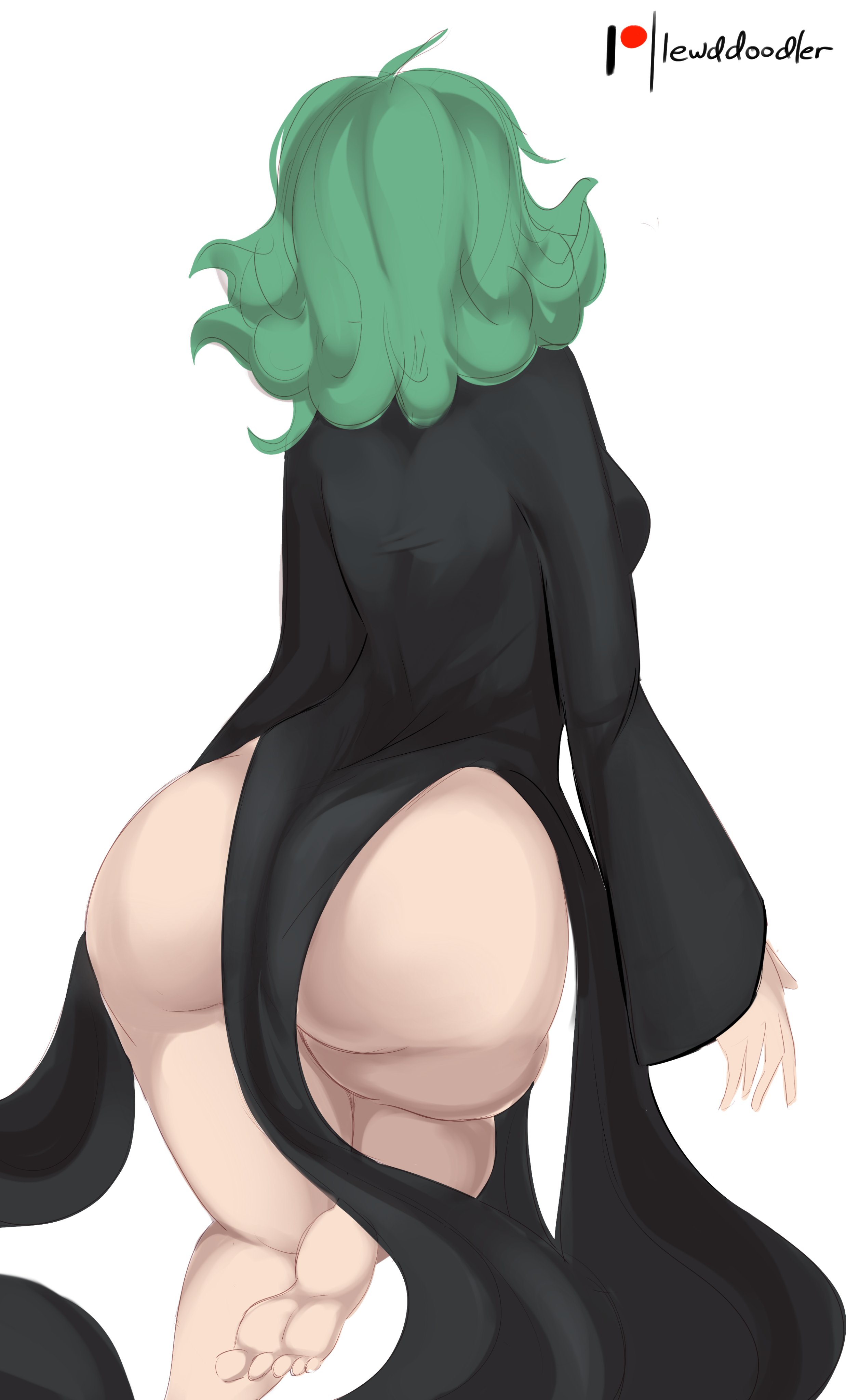 1girls, ass, barefoot, big ass, big butt, bottom heavy, bubble ass, bubble butt, clothing, dress, fat ass, feet, female, female only, green hair, huge ass, huge butt, lewddoodler, one-punch man, petite, rear view, solo, tatsumaki, thick thighs, wide hips