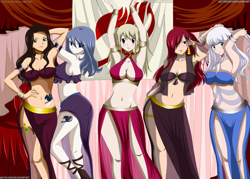 5girls, belly dancer, belly dancer outfit, belly tattoo, big breasts, blonde hair, blonde-haired female, blue eyes, blue hair, blue tattoo, blue-haired female, bocas top, breasts, brown eyes, brown hair, brown-haired female, cana alberona, cleavage, dancer, dancer outfit, erza scarlet, fairy tail, fairy tail mark, female, female only, femsub, fit female, harem, harem girl, harem outfit, hectorponce98, juvia lockser, leg tattoo, loincloth, looking at viewer, lucy heartfilia, mirajane strauss, pale skin, red hair, red-haired female, sarong, see-through vest, submissive female, tattoo, tattoo on belly, tattoo on legs, tattooed belly, tattooed leg, voluptuous, voluptuous female, white hair, white-haired female