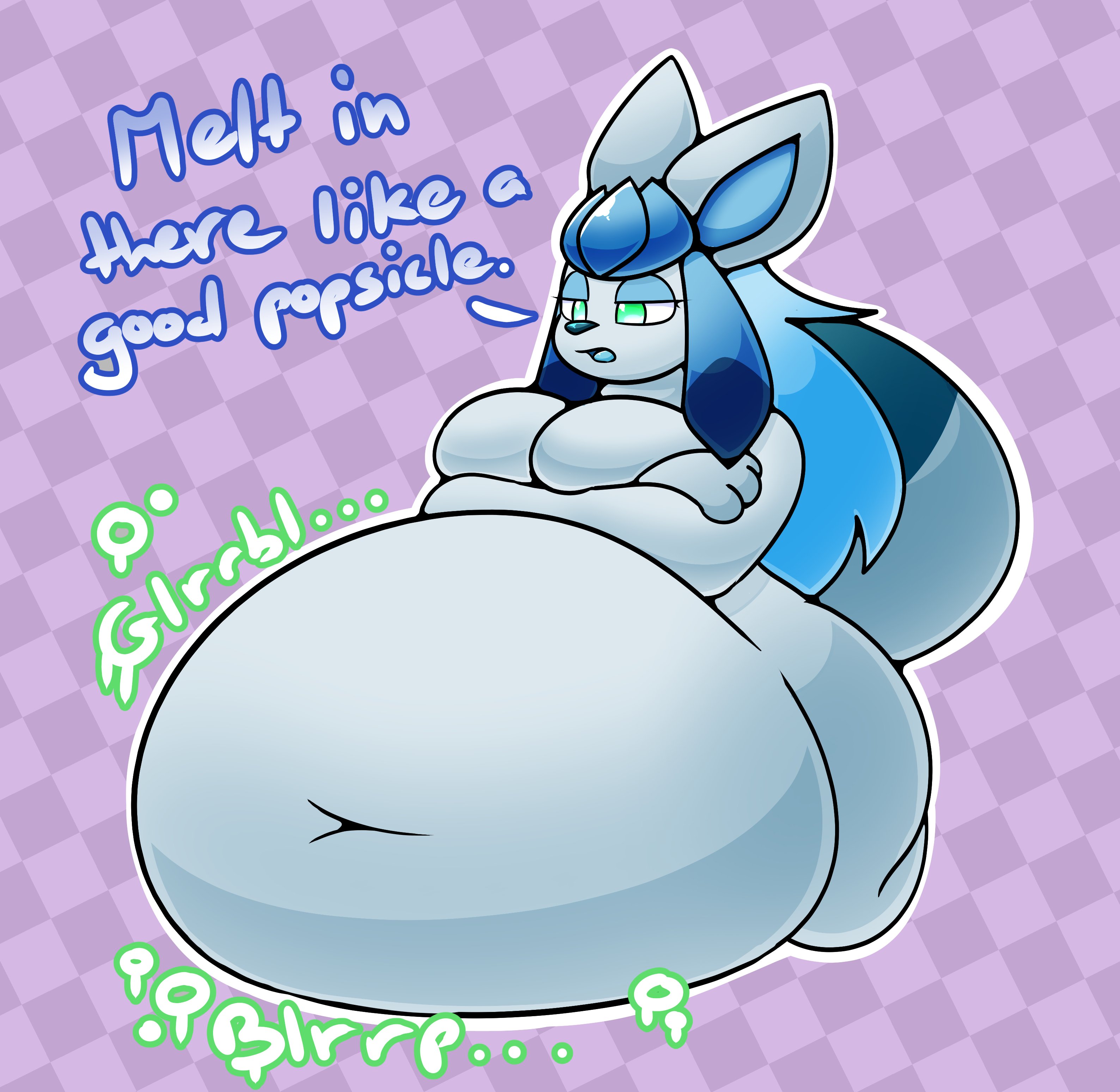 big breasts, blujackalazure, breasts, eeveelution, female, glaceon, green eyes, pokémon (species), pokemon, pokemon (species), tagme, text, vore
