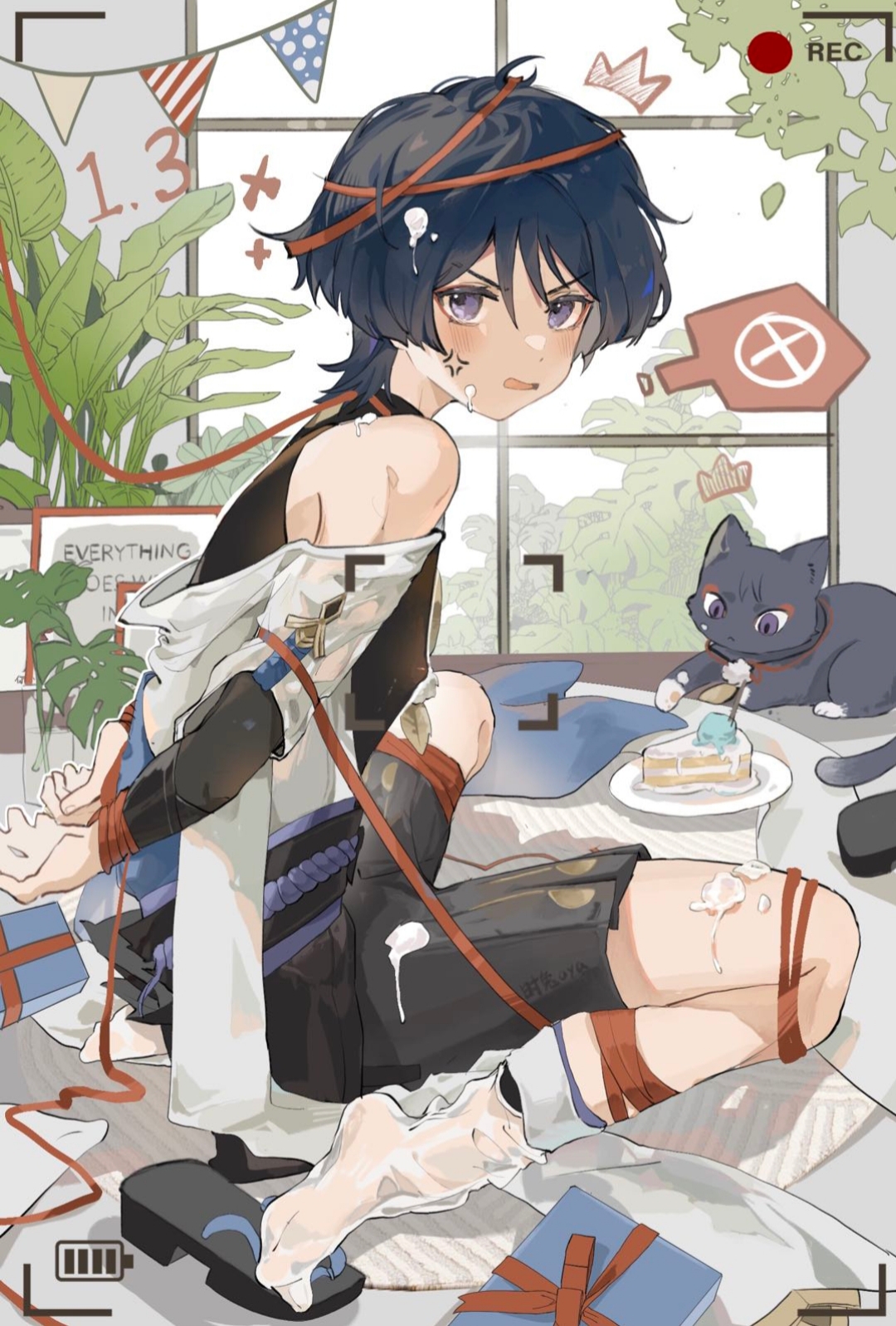 1boy, angry face, background, blue hair, blush, cum, cum on body, erect nipples, feline, femboy, gay, genshin impact, girly, male, male only, nipples, nipples visible through clothing, purple eyes, rope, scaramouche (genshin impact), see-through, tied, yaoi