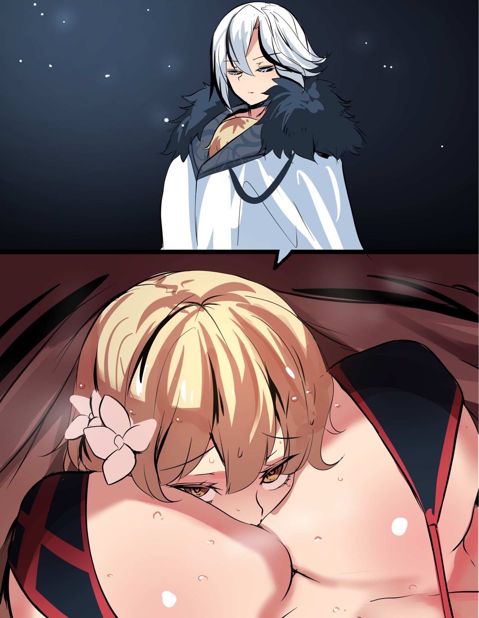2020s, 2022, 2girls, 2koma, absurd res, arlecchino (genshin impact), between breasts, bikini, bikini top, black highlights, blonde hair, breast smother, breast squish, breasts, breasts bigger than head, cleavage, closed eyes, clothing, coat, comic, expressionless, eyebrows visible through hair, female, female only, flower, fur, fur trim, fur-trimmed coat, genshin impact, hair between eyes, hair flower, head between breasts, heart, heart-shaped pupils, heat, heavy breathing, highlights, highres, hinghoi, large breasts, lesbian focus, looking at another, looking at viewer, looking up, lumine (genshin impact), matching hair/eyes, multiple females, multiple girls, nipple bulge, shared clothes, short hair, snezhnaya girls, standing, sweat, swimsuit, white hair, yellow eyes, yuri