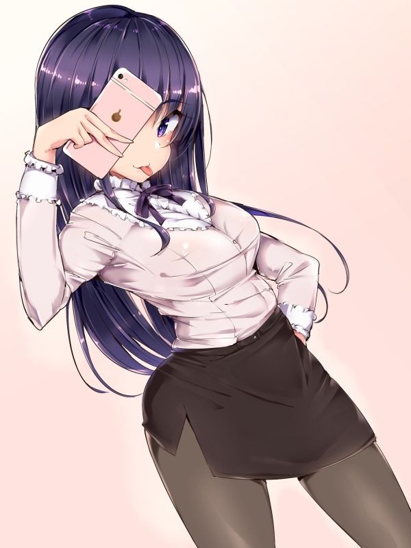 1girls, doskoinpo, eyebrows visible through hair, female, office lady, purple eyes, tagme, thick thighs, tongue, tongue out