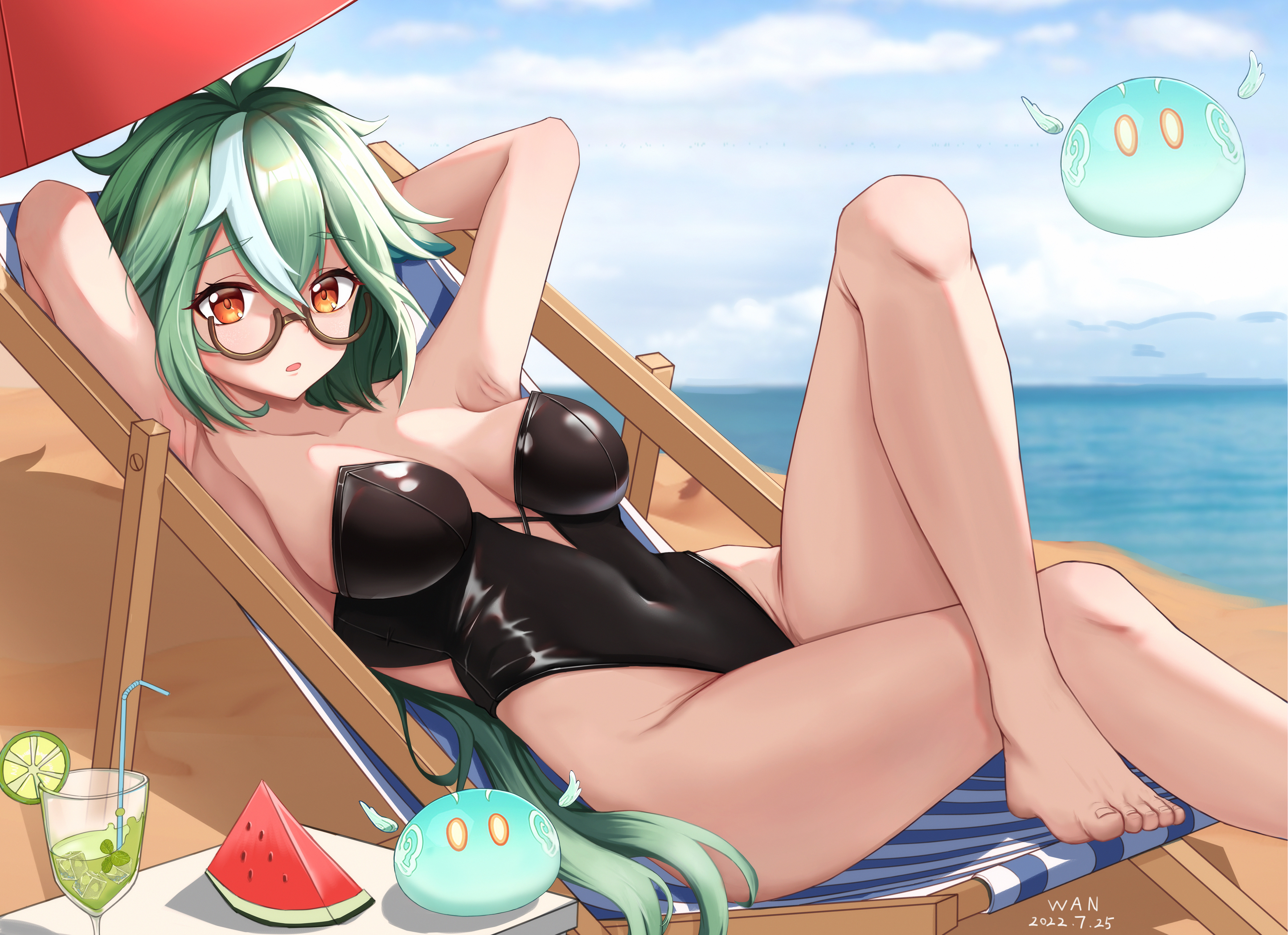 1girls, absurd res, armpits, arms up, artist request, barefoot, beach, beach chair, breasts, feet, female, genshin impact, glasses, green hair, hi res, large breasts, looking at viewer, lying, one-piece swimsuit, slime, sucrose (genshin impact), swimsuit, swimwear, tagme, toes
