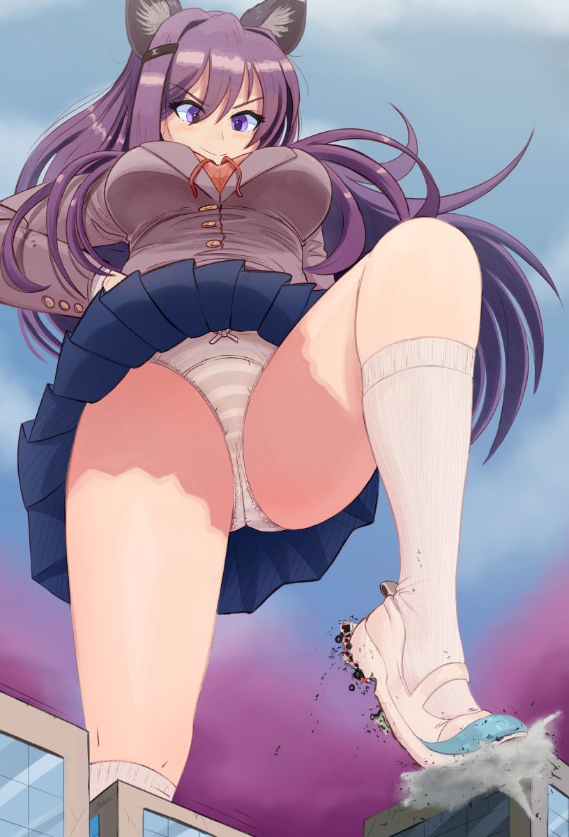 blue_skirt cat_ears crushing crushing_building doki_doki_literature_club giantess gray_cat_ears ground_pov looking_down neko panties panties_visible purple_eyes purple_hair skirt sky uniform yohomeboyraps_(artist) yuri_(doki_doki_literature_club)