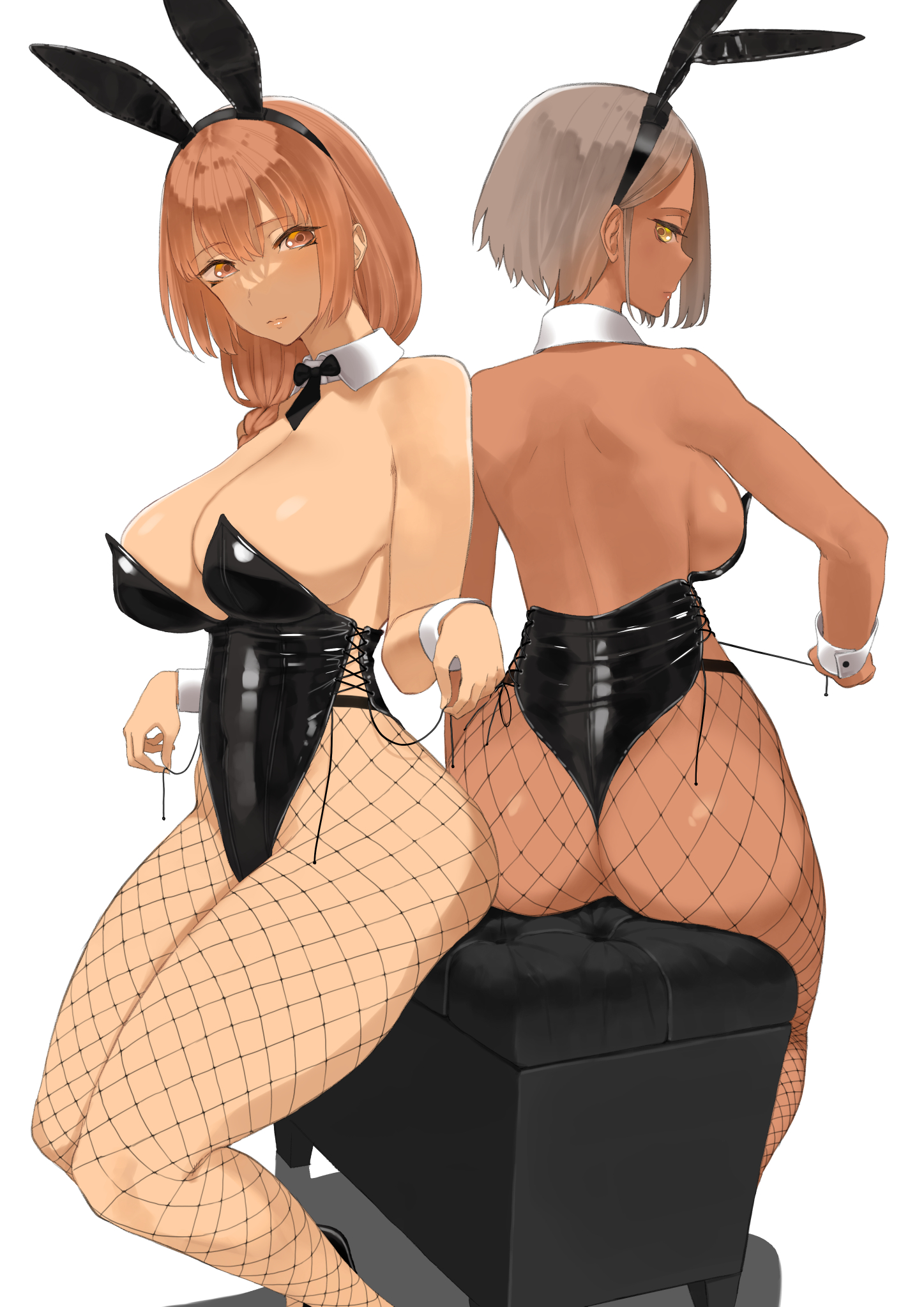 2girls, ass, back, backboob, big ass, big butt, breasts, bunny ears, bunnysuit, chair, couch, curvaceous, curves, curvy, curvy body, curvy female, curvy figure, dark skin, dark-skinned female, exposed shoulders, fat ass, female, fishnet, fishnet legwear, fishnets, hair band, hair bow, huge ass, huge butt, large ass, large butt, legs, legwear, multiple females, multiple girls, on couch, original, playboy bunny, revealing clothes, shoulders, sideboob, simple background, sitting, sitting on chair, sitting on couch, tan body, tanned, tanned female, tanned skin, thick, thick ass, thick thighs, throtem, white background