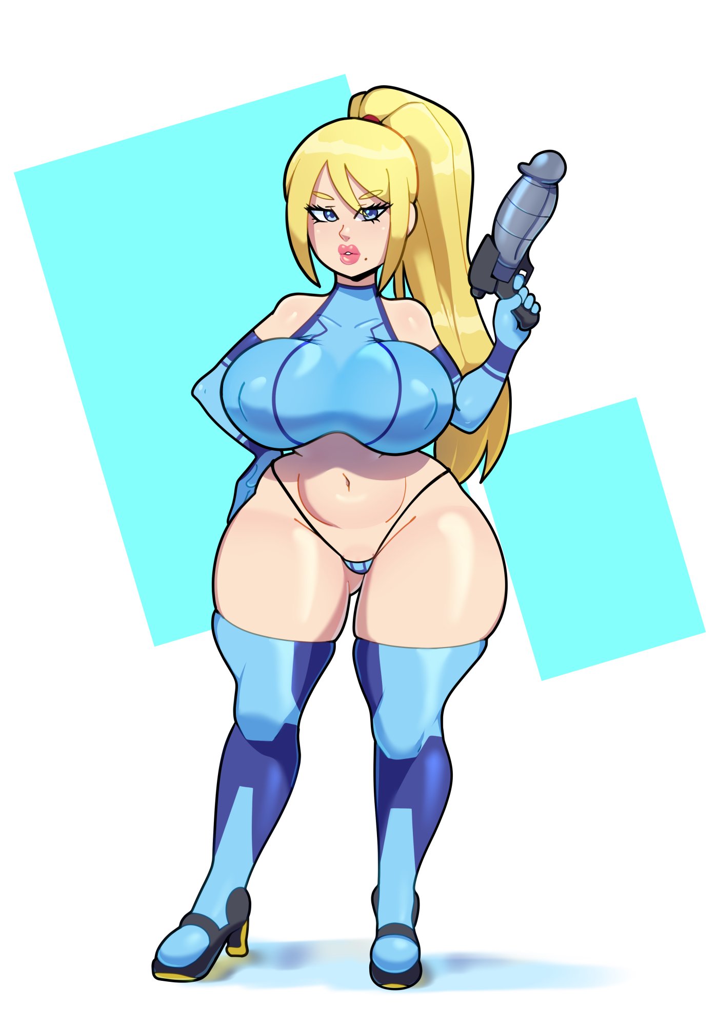 1girls, armwear, ass, ass visible through thighs, big breasts, bimbo, blonde hair, blue eyes, breasts, busty, clothing, crop top, curvy, female, female only, firearm, gun, hand on hip, handgun, hourglass figure, huge breasts, large breasts, looking at viewer, metroid, narrow shoulders, no pants, panties, samus aran, shortstack, shortstackification, solo, somescrub, string panties, thick lips, thick thighs, thighhigh boots, thighhighs, thin arms, thin waist, thong, weapon, wide hips