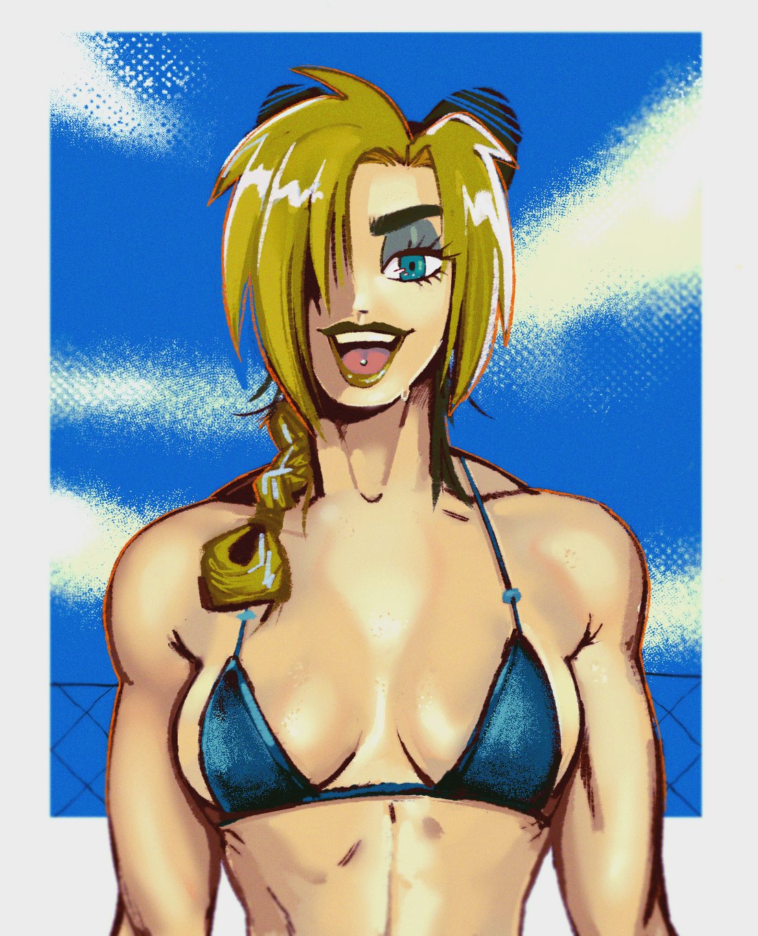 1girls, bare shoulders, big breasts, bikini, bikini top, blonde female, blue eyes, breast focus, breasts, breasts focus, busty, curvy, double bun, eye contact, eyeshadow, female, female focus, female only, front view, gg8473, green lips, green lipstick, hair bun, hair over one eye, jojo's bizarre adventure, jolyne kujo, large breasts, light skin, light-skinned female, lipstick, looking at viewer, muscular, muscular female, open mouth, pov eye contact, solo, solo female, solo focus, stone ocean, toned, toned female, tongue piercing, voluptuous