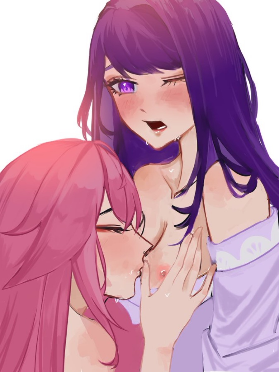 2girls blush breast_grab breasts female female_only fox_ears genshin_impact kissing_breasts lesbian_sex multiple_girls one_breast_out one_eye_closed open_mouth partially_clothed pink_hair purple_hair raiden_shogun sadkiyoo yae_miko yuri