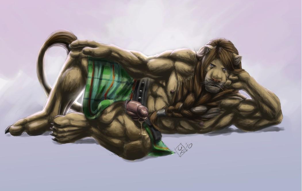 1boy anthro armpits cum feline fur furry lion male male_only muscles penis pose silver_fenrir solo spreading