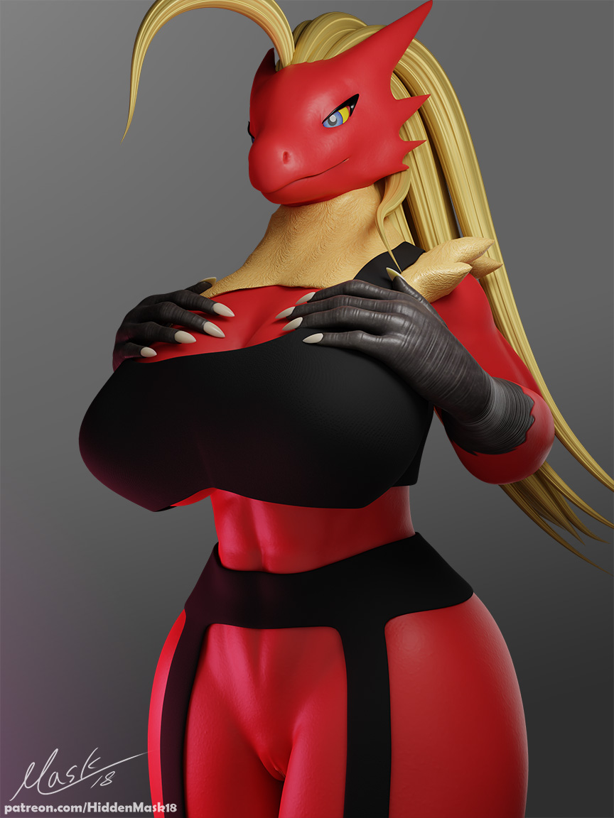 3d_(artwork) abs anthro blaziken blaziken_(hiddenmask18) blender_(software) blonde_female breasts clothing digital_media_(artwork) female fur genitals hair hiddenmask18 long_hair muscular nintendo pokemon pokemon_(species) presenting pussy red_body solo video_games