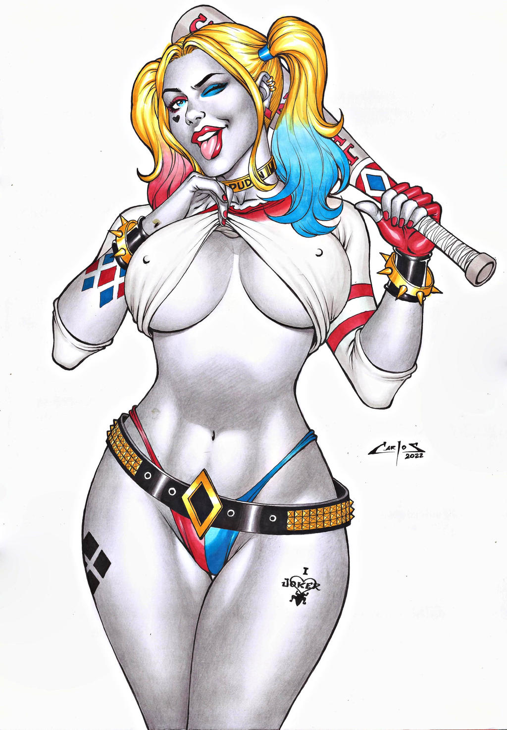 1girls baseball_bat big_breasts carlos_braga dc dc_comics dominant_female ed_benes_studio eyewear female female_only g-string harley_quinn high-waisted_thong latex_thong looking_at_viewer multicolored_g-string multicolored_panties multicolored_thong nipple_bulge panties pigtails pulling_shirt_up shirt_and_panties solo solo_female solo_focus suicide_squad t-shirt t-shirt_and_panties tattoos thong thong_panties thong_underwear tongue_out two_tone_panties underboob underwear