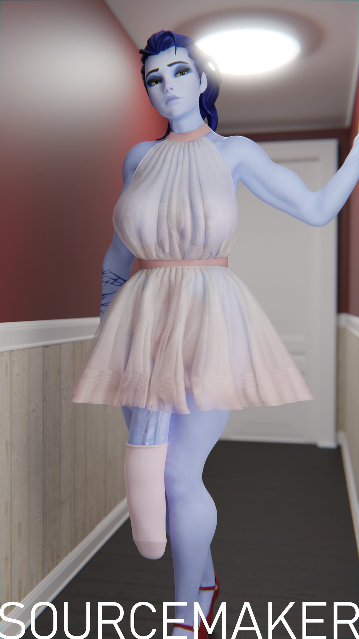 1futa 3d 9:16 blue_skin casual clothing cock_sleeve cock_sleeve_(clothes) cock_sock condom dress footwear futa_only futanari genitalwear huge_cock human intersex looking_at_viewer overwatch penis penis_past_knees penis_sheath solo sourcemaker widowmaker