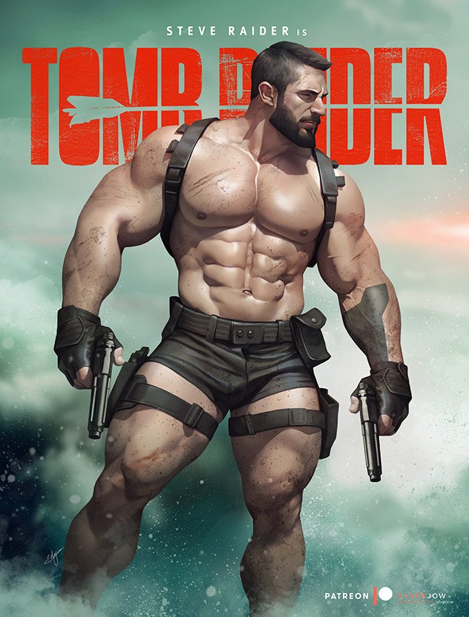 1boy bulge caucasian caucasian_male cover lara_croft_(cosplay) looking_away male male_only muscles muscular muscular_male onlyfans_model real_person short_shorts silverjow solo solo_male steve_raider tomb_raider