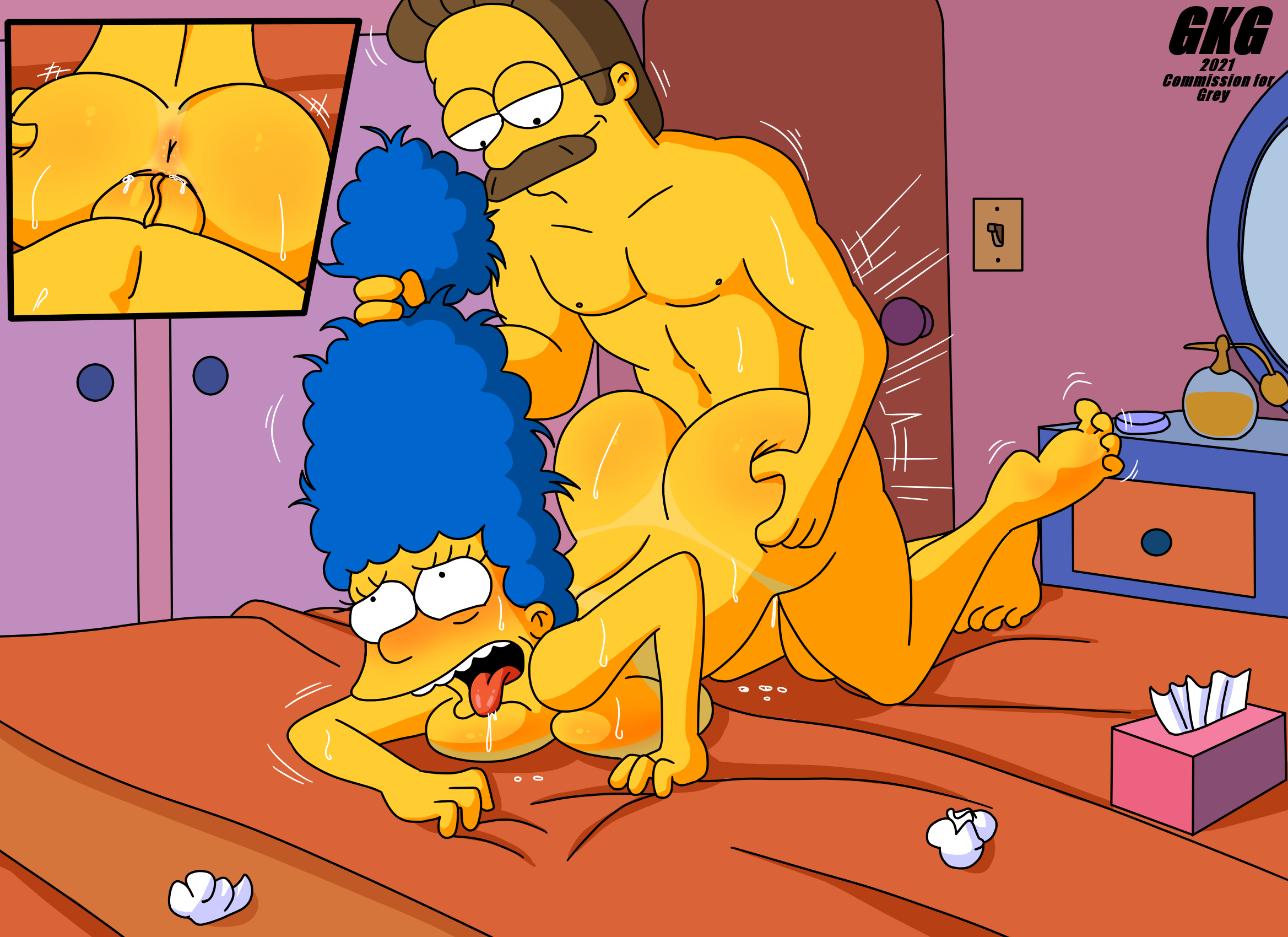 blue hair, cheating, cheating husband, cheating wife, female, gkg, holding hair, marge simpson, ned flanders, netorare, the simpsons