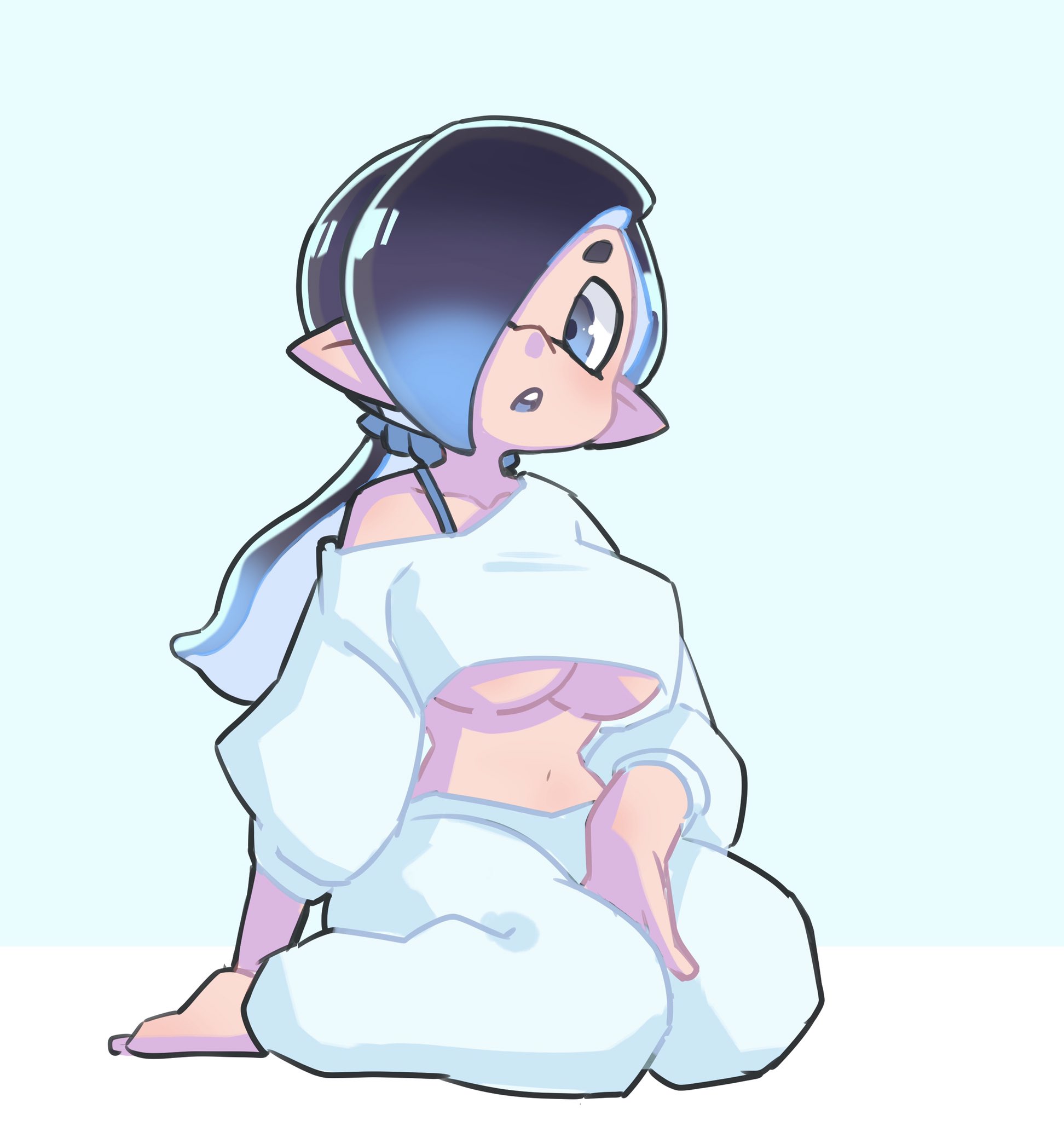 1girls, barefoot, belly button, big breasts, black hair, blue eyes, breasts, feet, female, female only, hair over one eye, hand between legs, inkling, light skin, light-skinned female, looking to the side, mouth open, navel, nintendo, on knees, one eye obstructed, one shoulder exposed, one shoulder top, pajamas, pointy ears, ponytail, revealing clothes, solo, solo female, splatoon, splatoon (series), tagme, tentacle hair, underboob, whichdoll