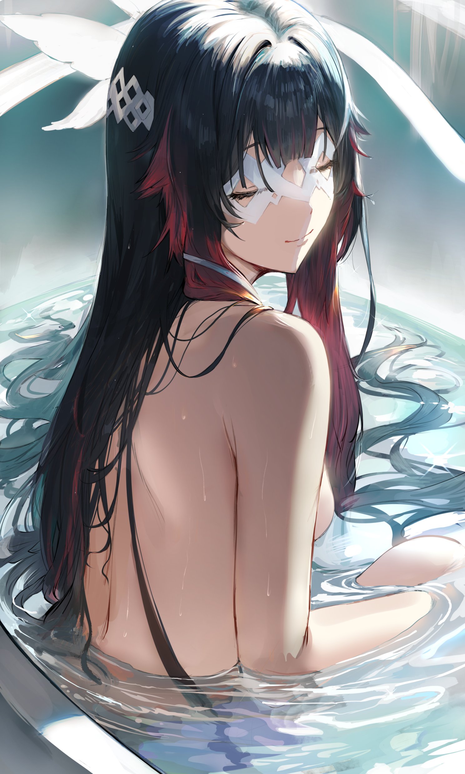 back, blindfold, breasts, columbina (genshin impact), exposed shoulders, fatui, female, genshin impact, hews hack, in water, medium breasts, multicolored hair, npc, partially submerged, shoulders, wet, wet body, wet skin