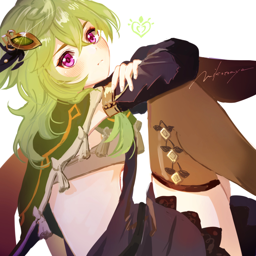 artist request, blush, breasts, cape, collei (genshin impact), cute, female, genshin impact, green hair, looking at viewer, midriff, purple eyes, sideboob, skirt, stockings, tagme, thighs