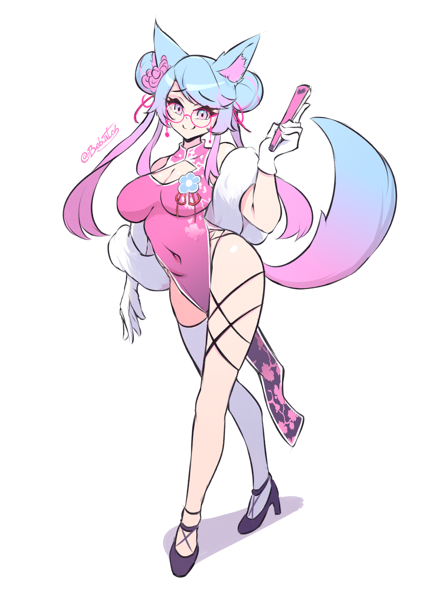 1girls, animal ears, bebatch, blue eyes, blue hair, breasts, china dress, cleavage, cleavage cutout, cute, fan, female, female only, glasses, gradient eyes, indie virtual youtuber, large breasts, long hair, looking at viewer, midriff, multicolored hair, pink eyes, pink hair, qipao, silvervale, smile, solo, strutting, tail, thick thighs, thighs, twintails, two-tone hair, virtual youtuber, wide hips, wolf ears, wolf girl, wolf tail