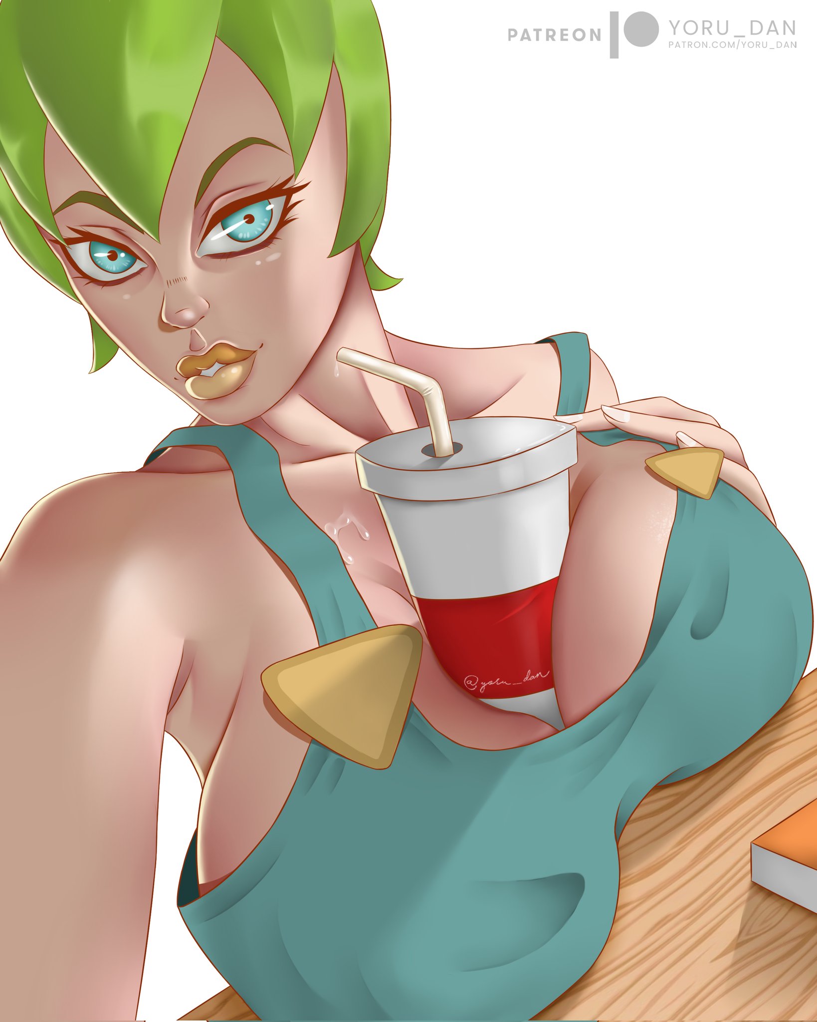 1girls, big breasts, breasts, female, foo fighters, green hair, green lipstick, hi res, highres, jojo's bizarre adventure, short hair, shounen jump, solo, stone ocean, thick lips, yoru dan