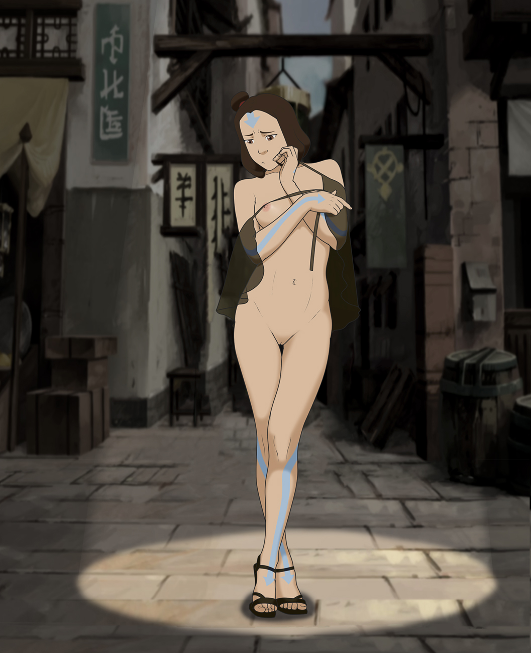 1girls, air nomad, airbender tattoo, anaxus, avatar legends, breasts, clothing, female, female only, half-dressed, high heels, human, jinora, naked footwear, public, see-through, see-through clothing, small breasts, solo, tattoo, the legend of korra, young