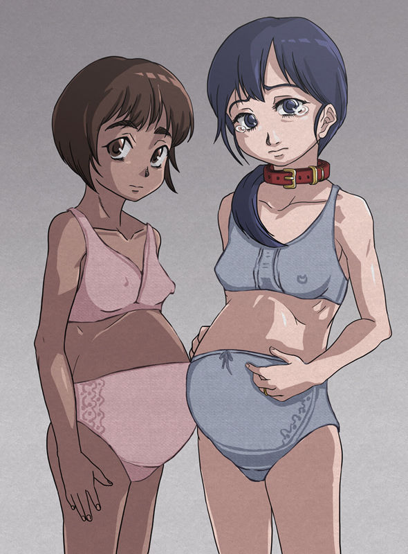 2girls blue_bra blue_eyes blue_hair blue_panties brown_eyes brown_hair collar collarbone dark-skinned_female drg female_only hands_on_belly height_difference light-skinned_female long_hair looking_at_viewer maternity_underwear multiple_girls multiple_pregnancies pink_bra pink_panties pregnant pregnant_belly pregnant_female sex_slave short_hair skinny_girl slave slavegirl small_breasts tears young younger_female