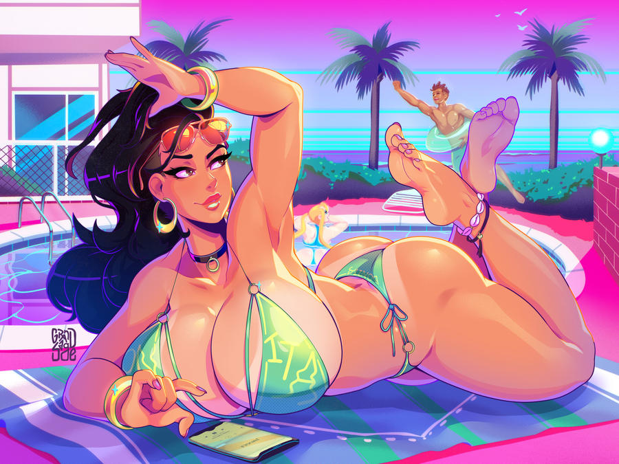 armpits big_ass big_breasts bikini brazilian brazilian_female capcom dark-skinned_female feet female female_focus grand-sage laura_matsuda poolside rainbow_mika sean_matsuda street_fighter street_fighter_v sunglasses sunglasses_on_head swimsuit tanline tanlines the_pose thick_thighs