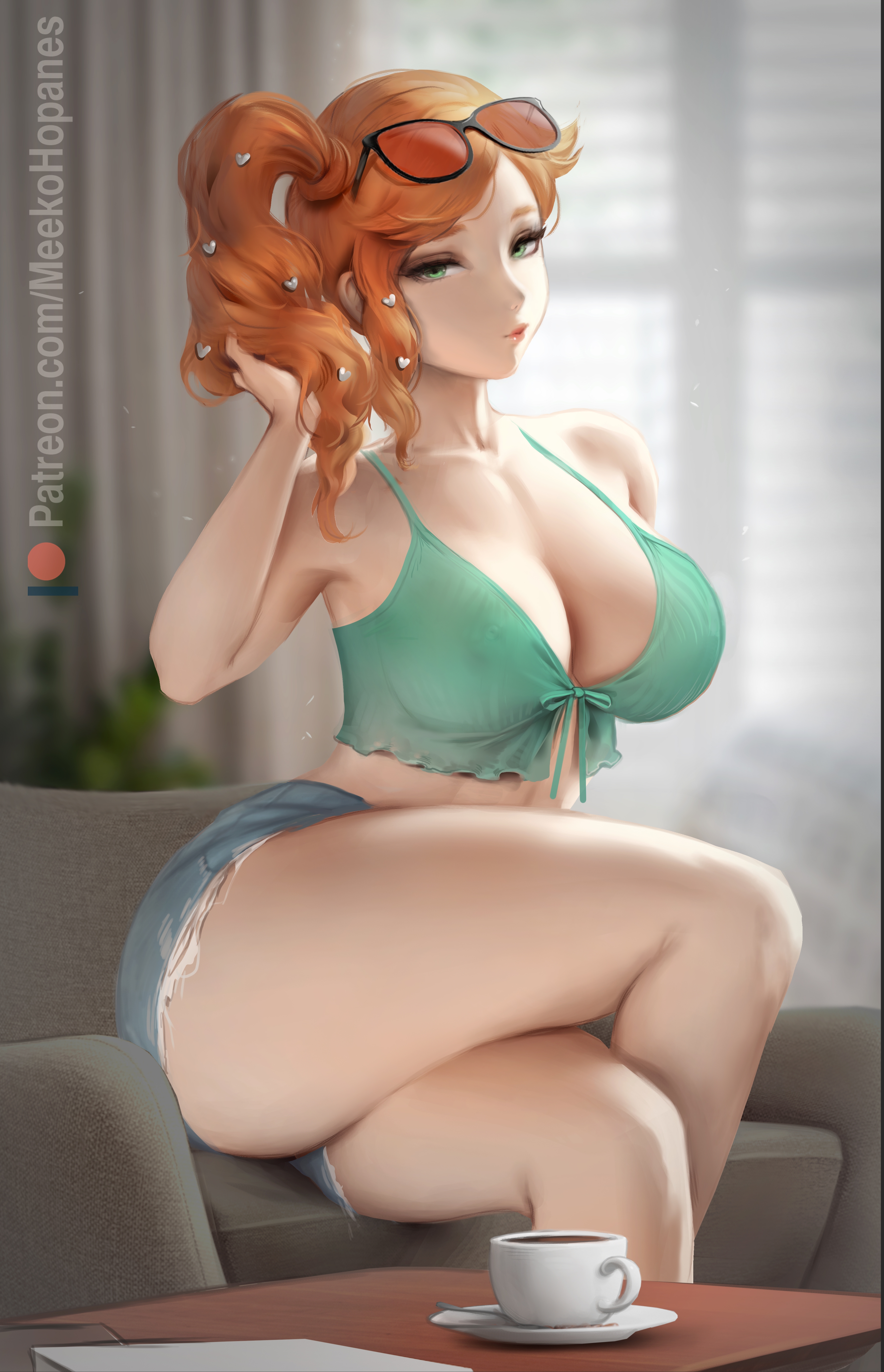 1girls, 2022, absurd res, ass, big ass, big breasts, big butt, booty shorts, breasts, curvaceous, curvy, curvy body, curvy female, curvy figure, fat ass, female, female only, glasses, glasses on head, hair ornament, hairclip, heart hair ornament, hips, hourglass figure, huge breasts, indoors, jean shorts, long hair, looking at viewer, massive ass, massive butt, meekohopanes, naughty face, nintendo, orange hair, pokemon, pokemon ss, round ass, round breasts, round butt, short shorts, shorts, side ponytail, slim waist, sonia (pokemon), suggestive look, tank top, teal eyes, thick thighs, thighs, wide hips