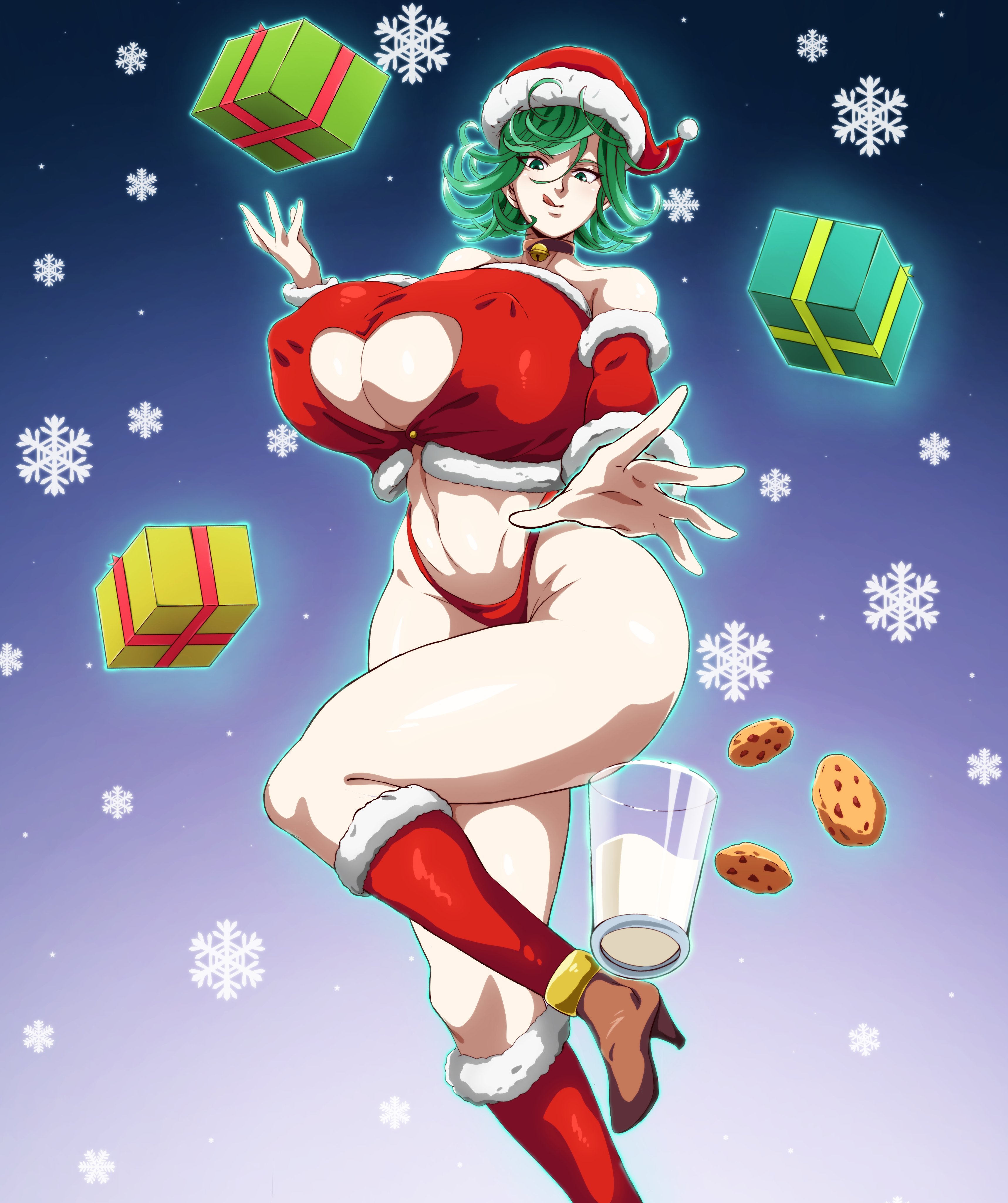 1girls, alternate breast size, alternate costume, breasts, breasts bigger than head, christmas outfit, dratvan, female, huge breasts, no pants, one-punch man, panties, tagme, tatsumaki, thick thighs, wide hips