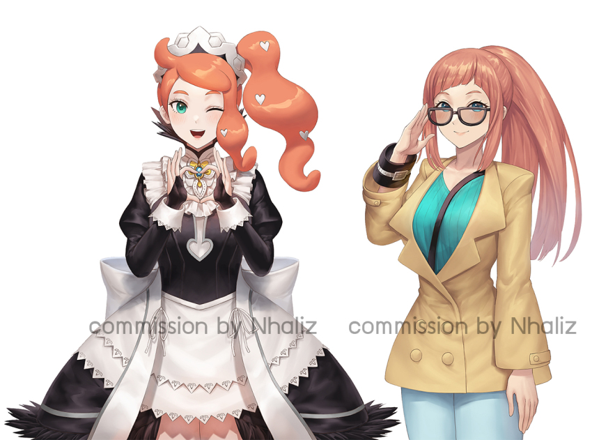 2girls adjusting_eyewear alternate_costume apron artist_name black_gloves blue_eyes bracelet brooch brown_hair commentary commission company_connection cosplay costume_switch crossed_arms enmaided eyelashes felicia_(fire_emblem) felicia_(fire_emblem)_(cosplay) female female_only fingerless_gloves fire_emblem fire_emblem_fates glasses gloves green_eyes green_shirt hair_ornament hand_heart heart heart_hair_ornament heart_hands jacket jeans jewelry light_blush looking_at_viewer maid maid_apron maid_headdress maid_uniform multiple_girls nhaliz nintendo one_eye_closed open_mouth orange_hair photoshop_(medium) pokemon pokemon_(game) pokemon_ss ponytail side_ponytail smile sonia_(pokemon) sonia_(pokemon)_(cosplay) source_larger trench_coat wink