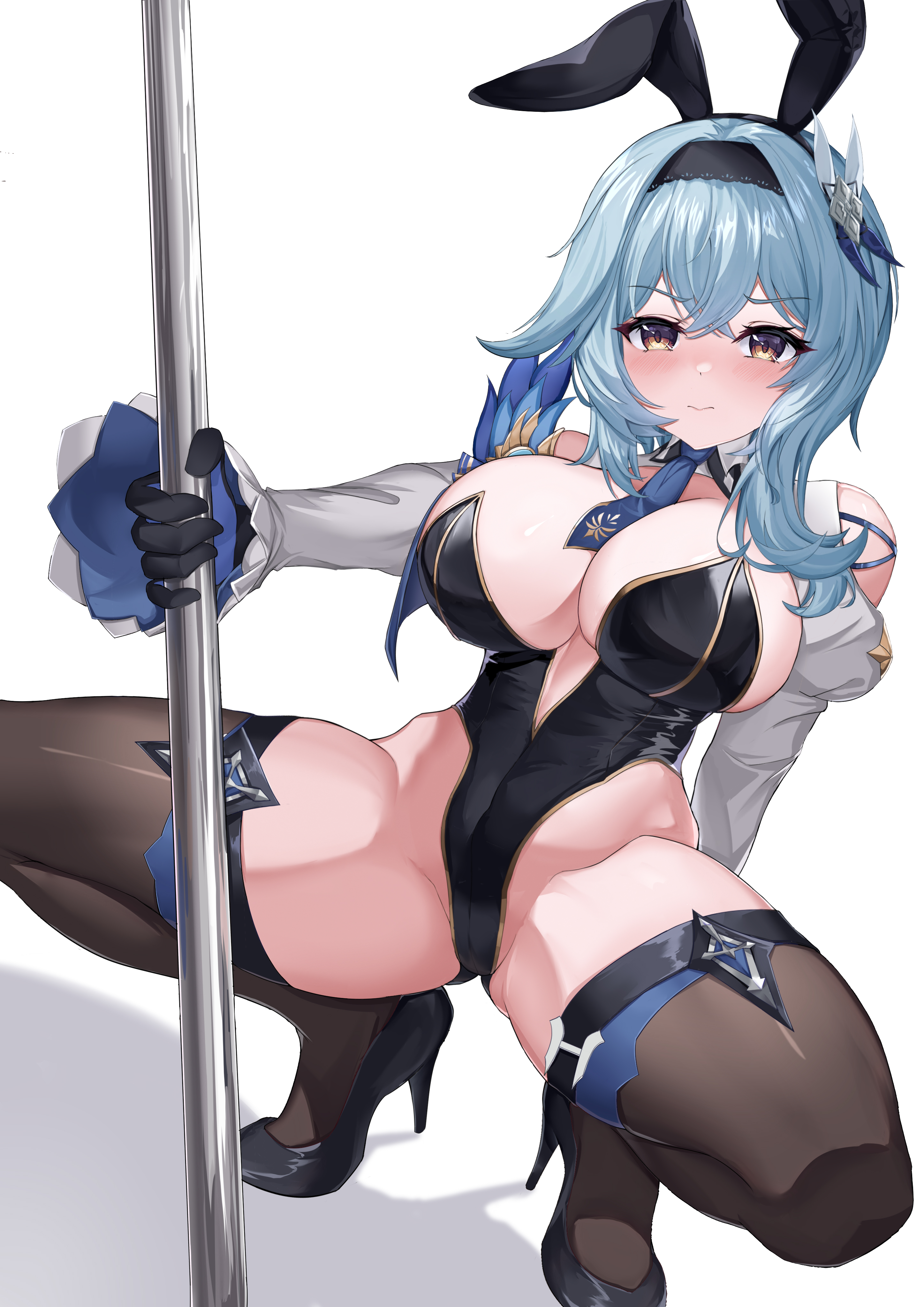 1girls, 2022, absurd res, alternate version available, asymmetrical hair, blue hair, breasts, bunny ears, bunny girl, bunnysuit, cleavage, eula (genshin impact), female, female only, genshin impact, heels, high heels, highleg leotard, hips, huge breasts, leotard, long hair, mz (yeye ai chipao mian), simple background, slim waist, spread legs, stripper pole, thick thighs, thighhighs, thighs, white background, wide hips