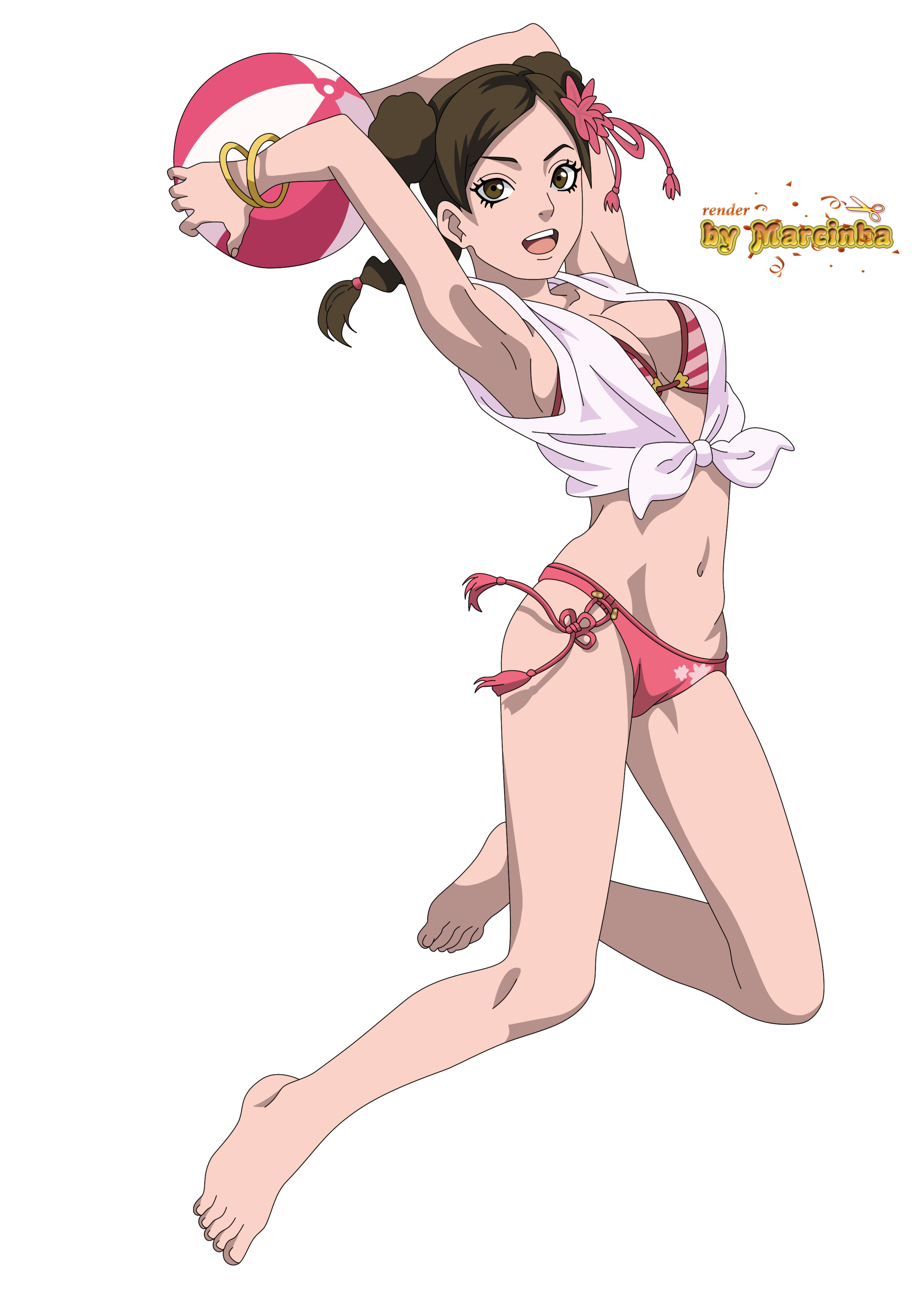 1girls, arms up, barefoot, beach ball, bikini, bracelet, braid, braided ponytail, double bun, feet, female, female only, full body, hairbow, happy, happy female, holding object, jumping, marcinha20, naruto, naruto (series), naruto shippuden, naruto: the last, open mouth, ponytail, shirt, smile, solo, solo female, solo focus, tenten, tied shirt, toes