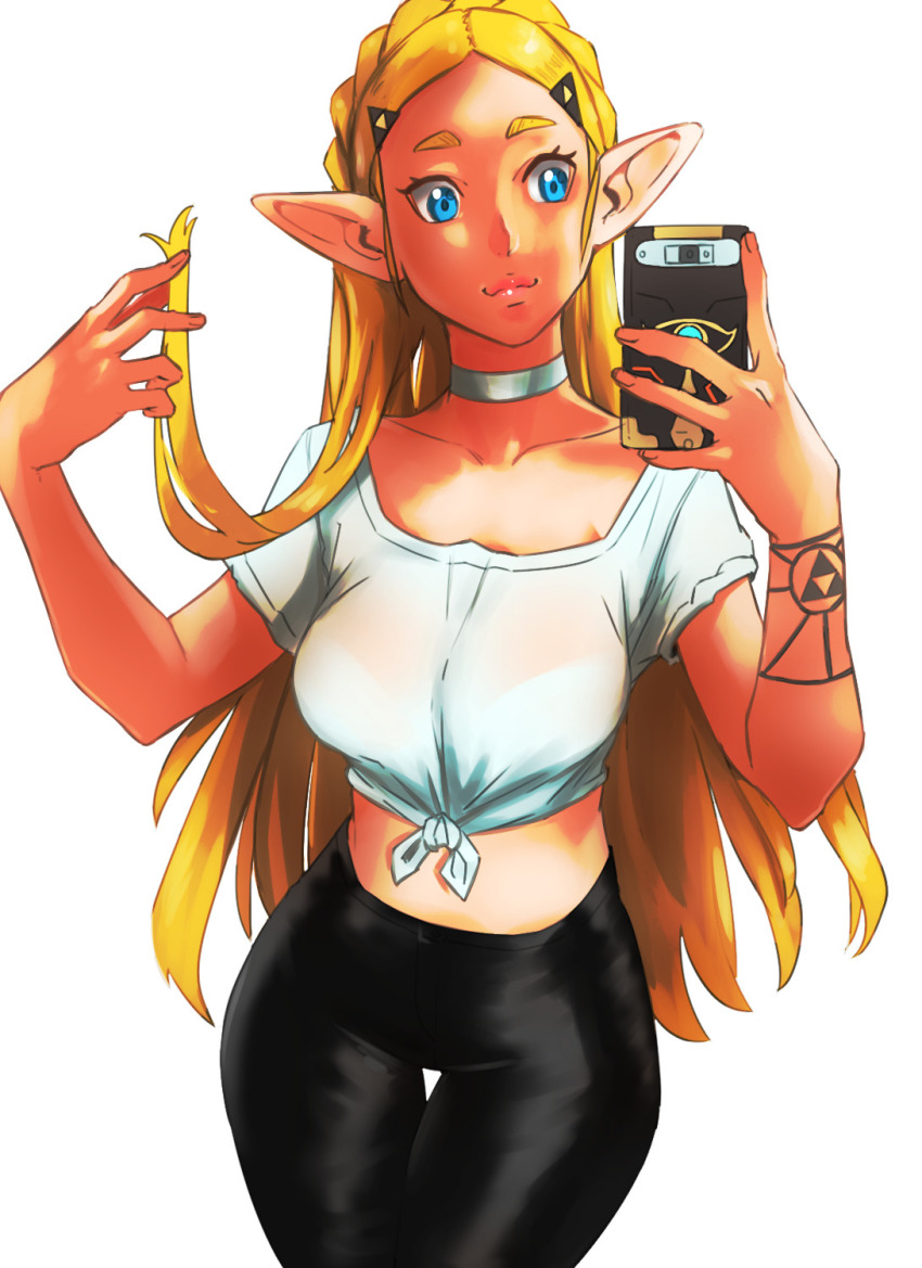 black_pants blonde_hair blue_eyes breath_of_the_wild casual casual_clothes choker imdsound long_hair nintendo pants phone princess_zelda selfie sheikah_slate shirt the_legend_of_zelda tied_shirt white_shirt zelda_(breath_of_the_wild)