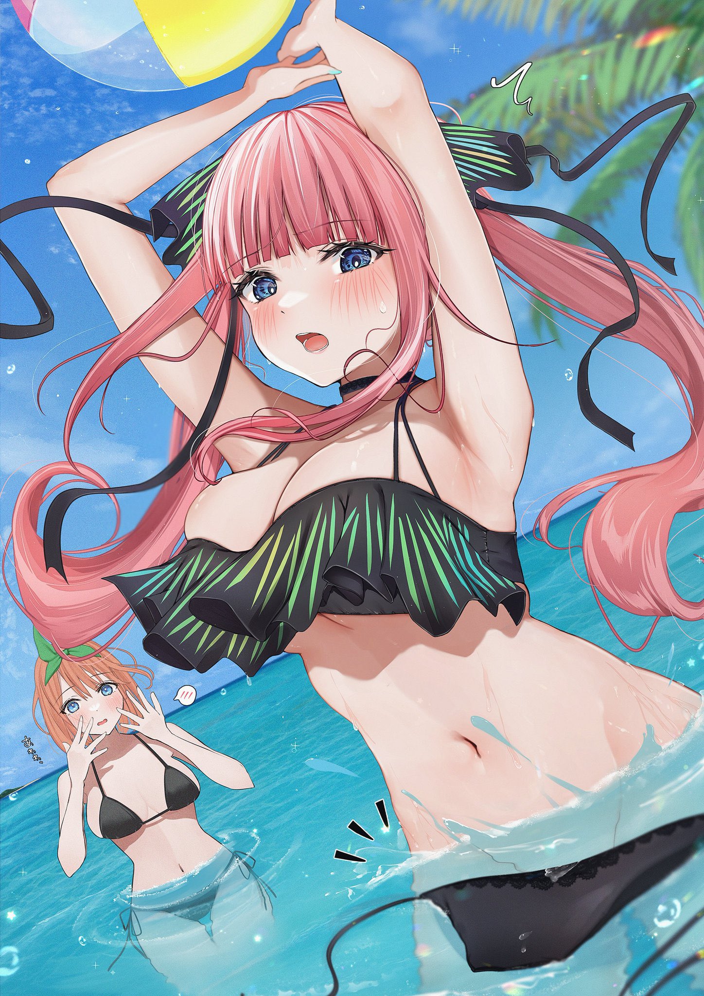 2girls, accidental circumstance, accidental exposure, armpits, arms up, ball (object), bare shoulders, beach ball, beachball, bikini, bikini bottom, bikini bottom removed, bikini removed, bikini top, black bikini, blue eyes, blue hair, blue sky, blush, bottomless, breasts, cleavage, convenient censoring, female, go-toubun no hanayome, green hairband, hair ornament, hair ribbon, hairband, highres, large breasts, long hair, multiple females, multiple girls, nakano nino, nakano yotsuba, navel, open mouth, orange hair, partially submerged, pink hair, playing, ribbon, short hair, sisters, sky, surprised, swimsuit, twins, uiri na, wardrobe malfunction