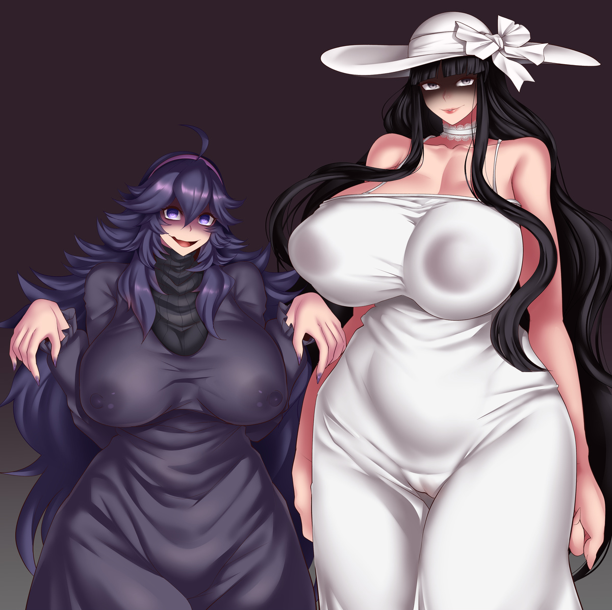 big breasts, breasts, cameltoe, cleavage, dress, female, giantess, gigantic breasts, hasshaku-sama, hex maniac, huge breasts, large female, larger female, mini giantess, nintendo, nipples visible through clothing, pokemon, pussy, tall, taller female, thick thighs, yasuaki023